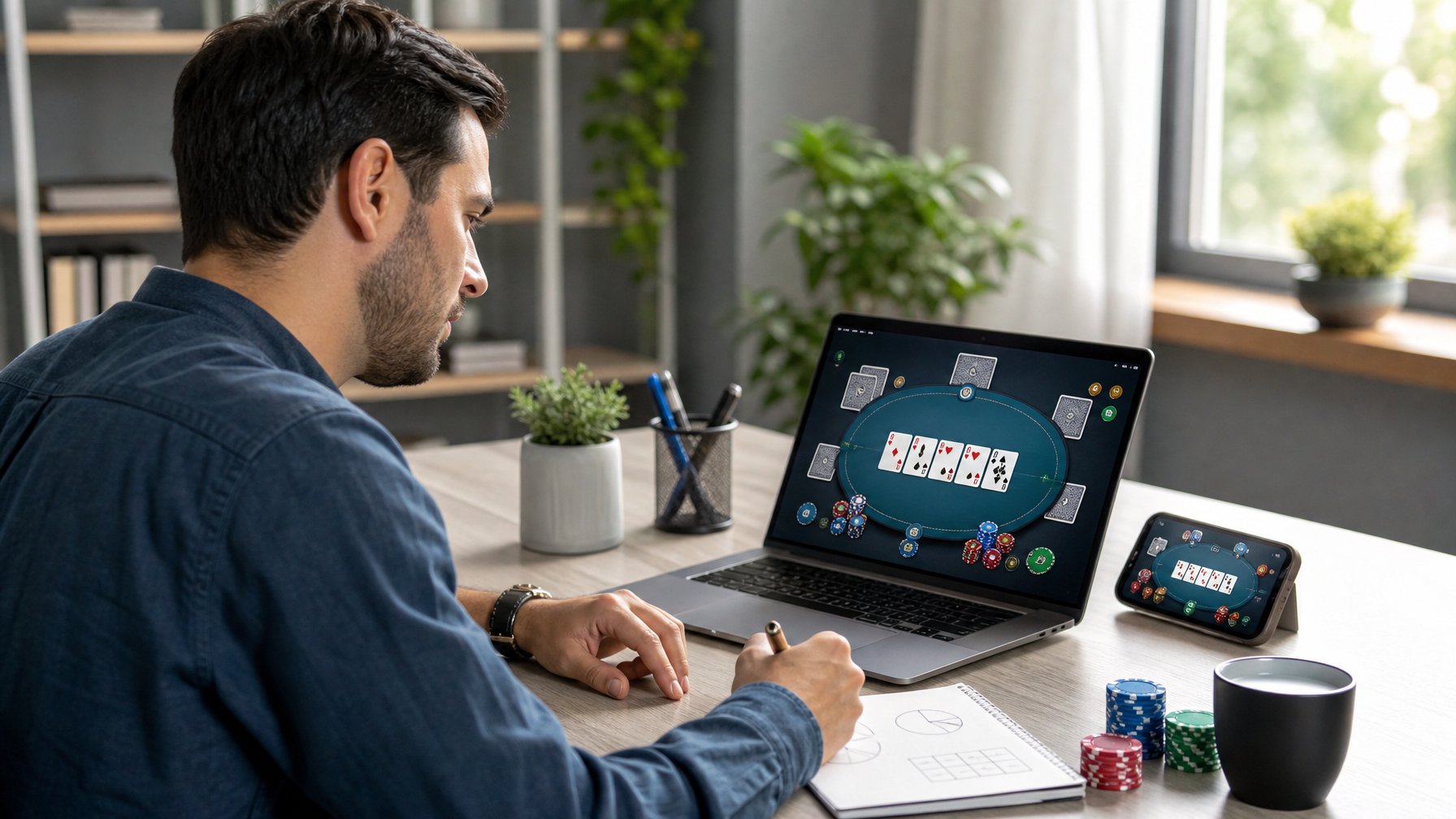 Seorang pemain fokus memainkan permainan kartu daring di laptop dengan ponsel di sampingnya.
