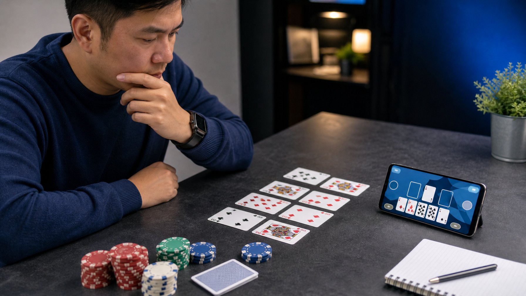 Seseorang mempelajari kartu dan chip di meja sambil melihat permainan kartu digital pada ponsel.