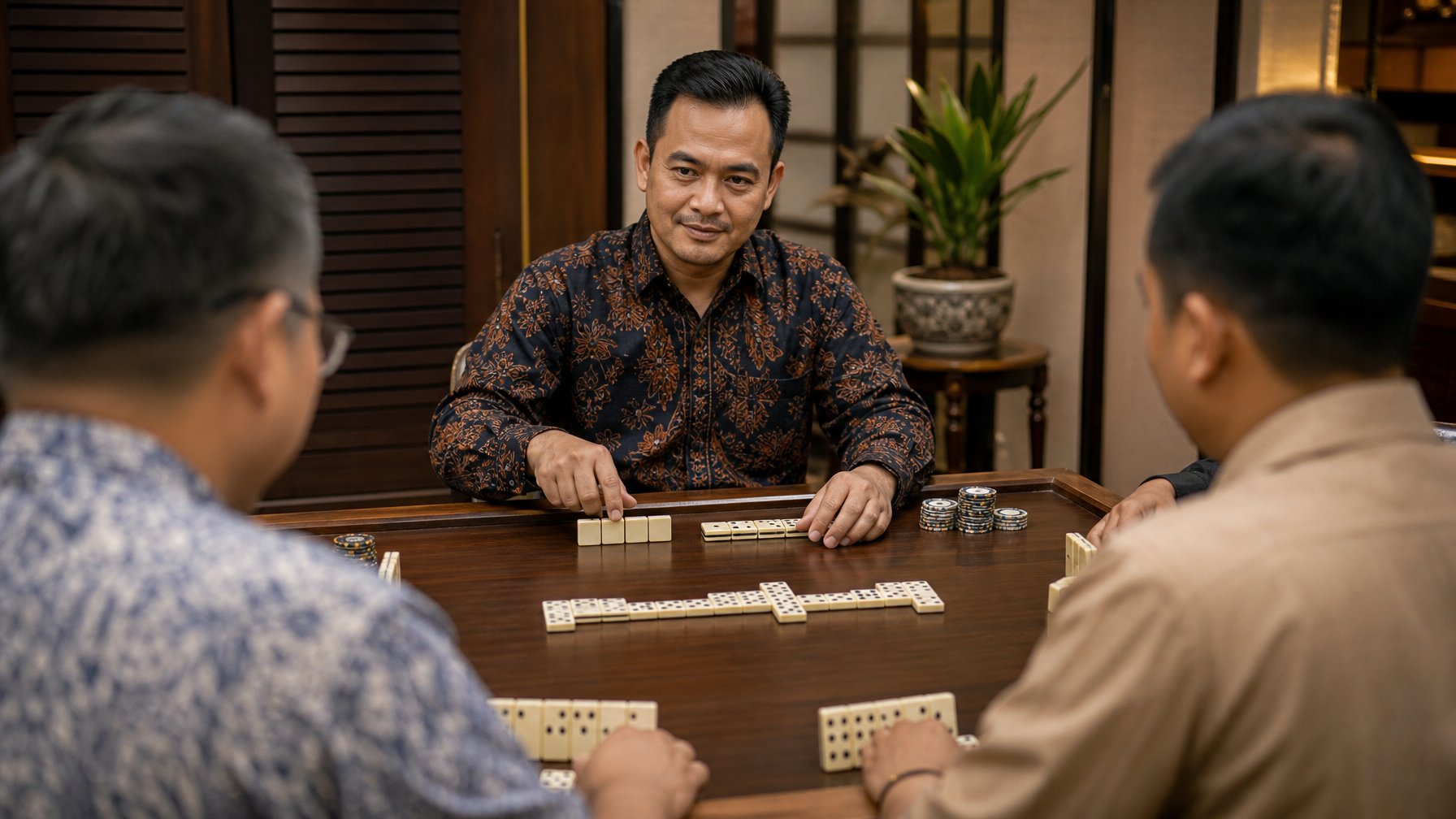 Seorang bandar mengatur ubin domino di meja permainan sambil memperhatikan beberapa pemain.
