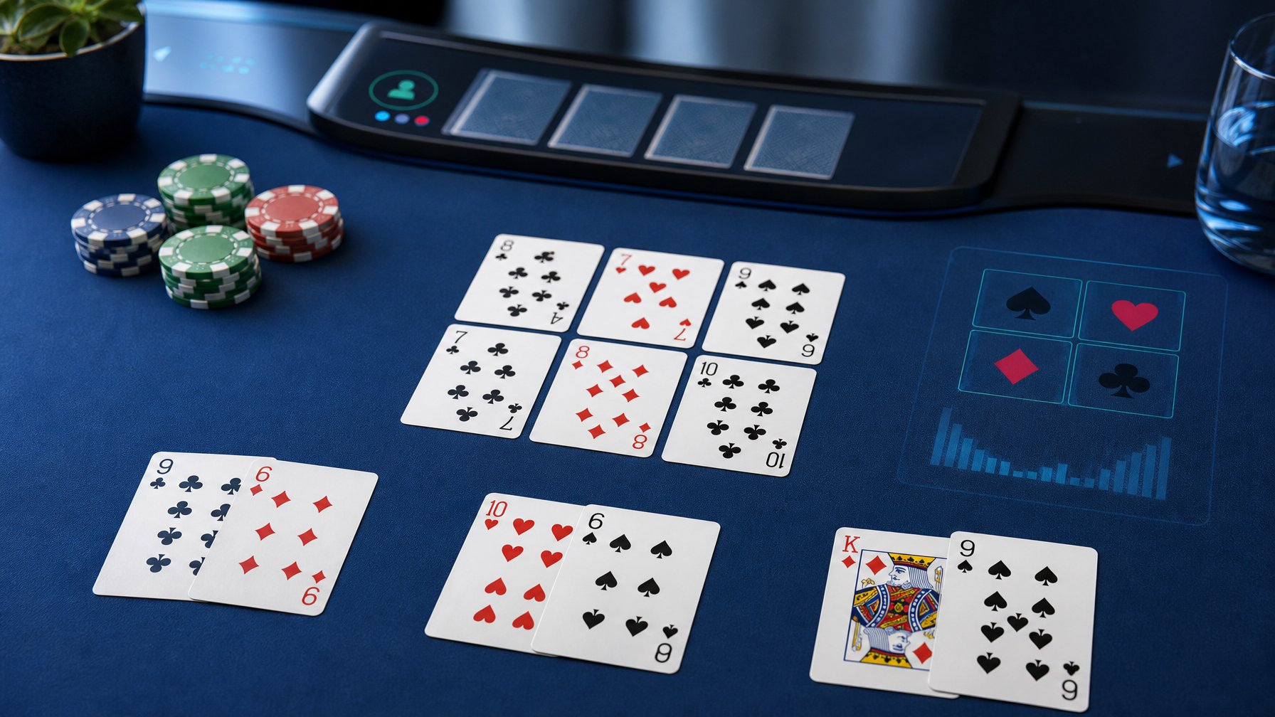 Meja permainan online dengan kartu remi dan keping taruhan yang tersusun rapi.