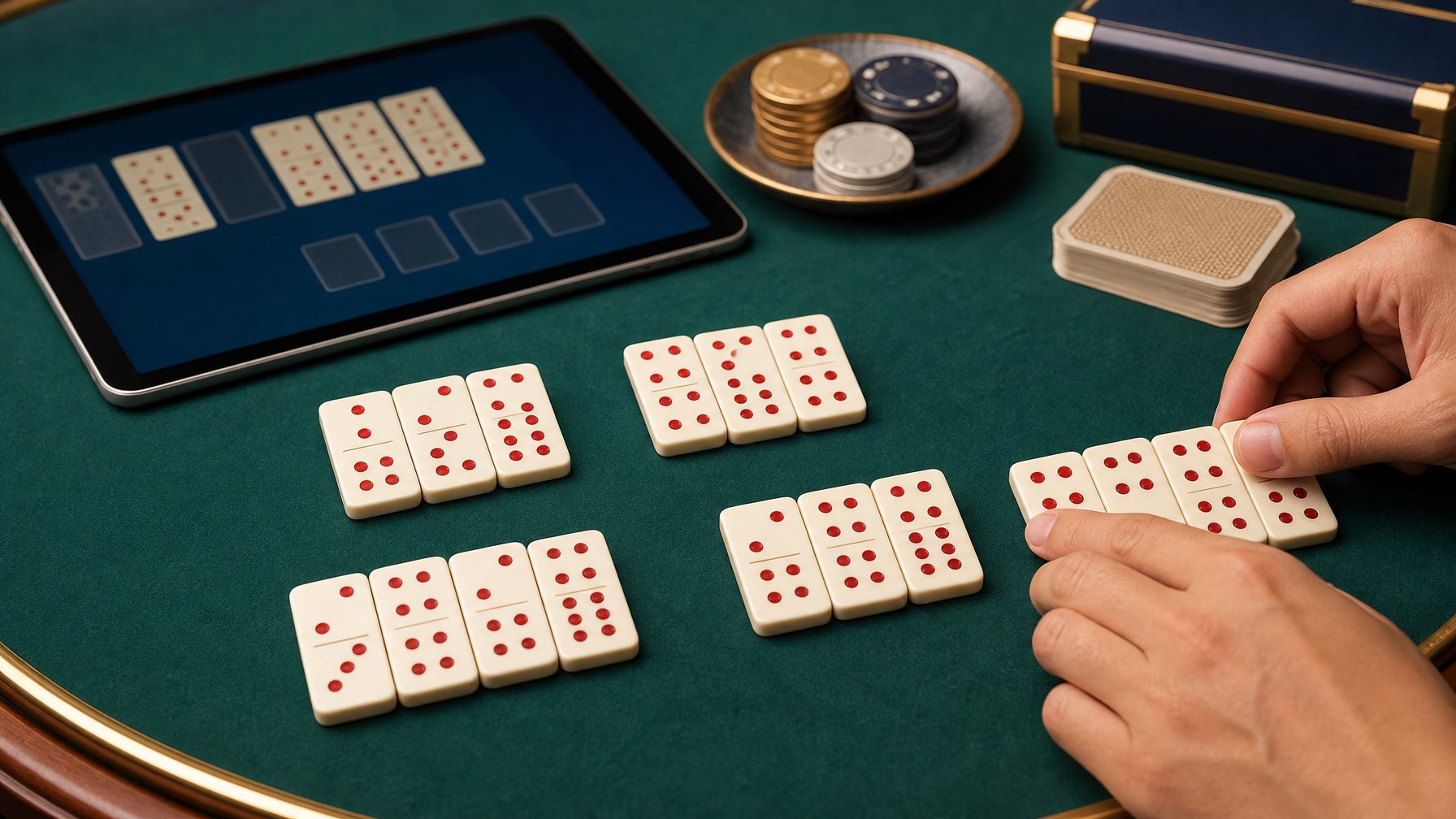 Kartu domino tersusun di atas meja permainan hijau dengan perangkat digital dan keping permainan.
