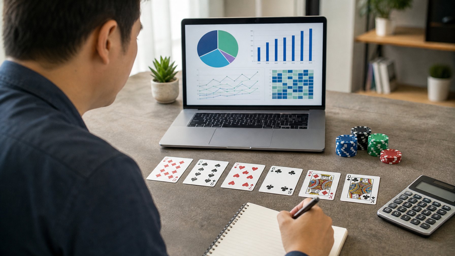 Pemula menganalisis kartu, chip, kalkulator, dan grafik peluang di atas meja.