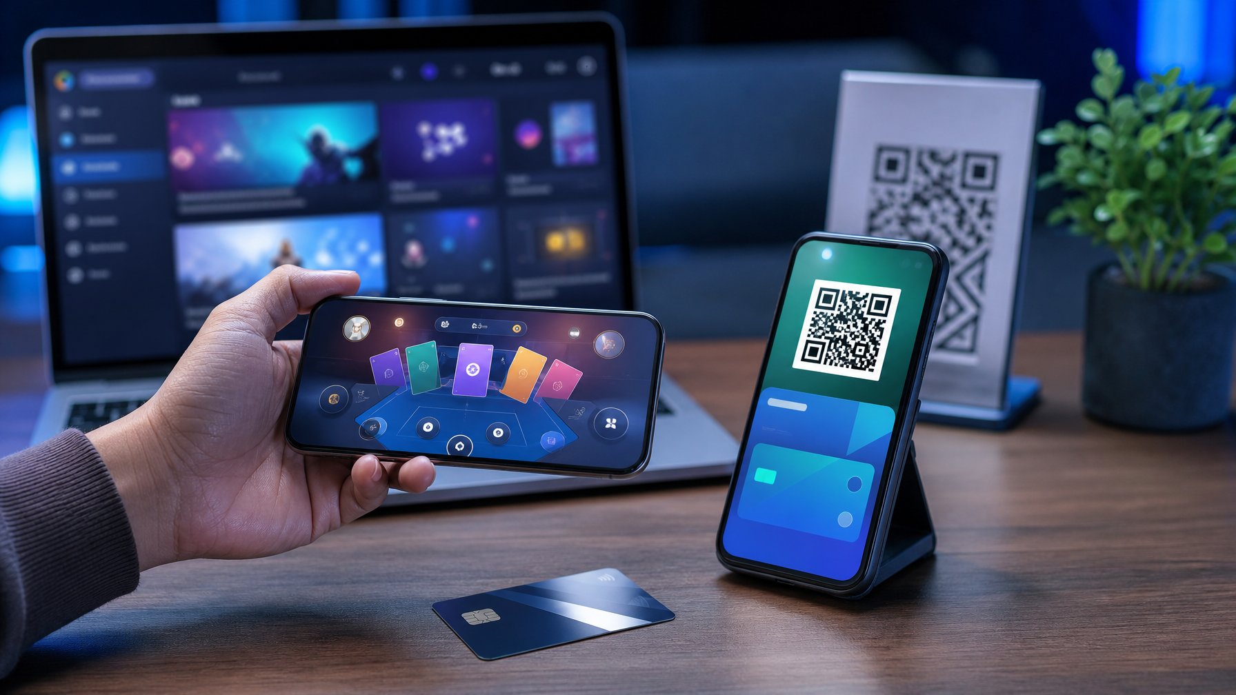 Ponsel dan laptop menampilkan antarmuka permainan digital serta pembayaran QR dan dompet elektronik secara abstrak.