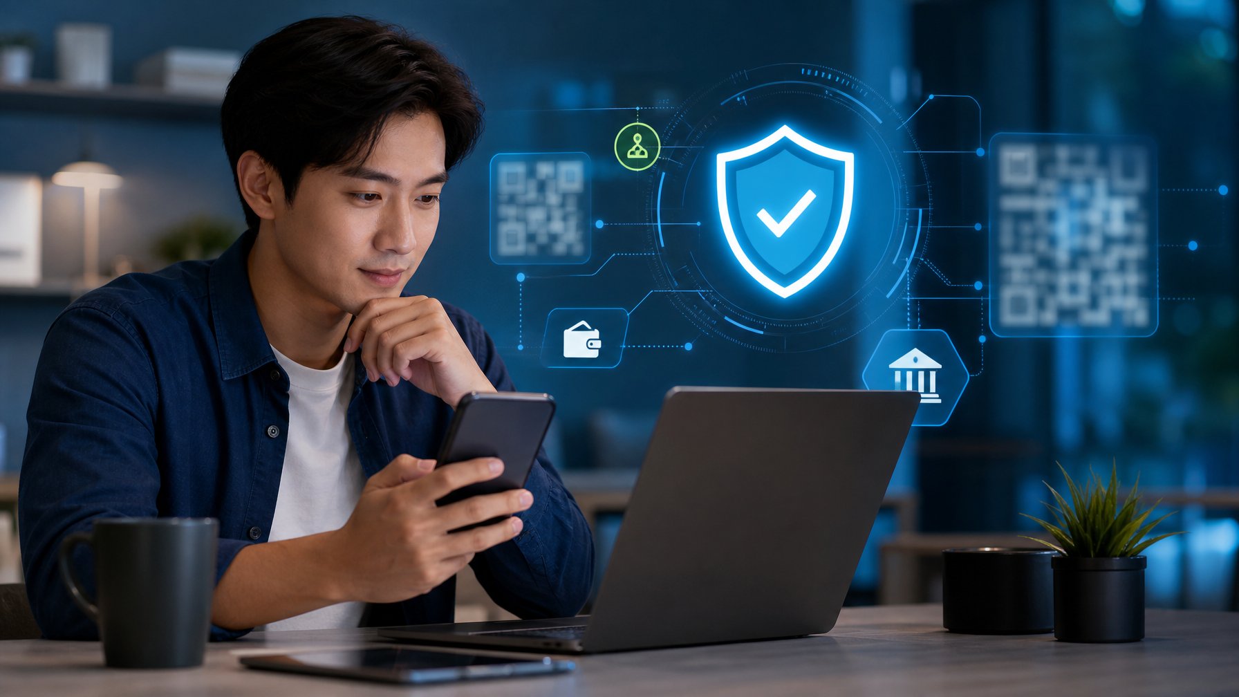 Seseorang memeriksa keamanan platform pembayaran digital di laptop dan ponsel dengan simbol perisai.