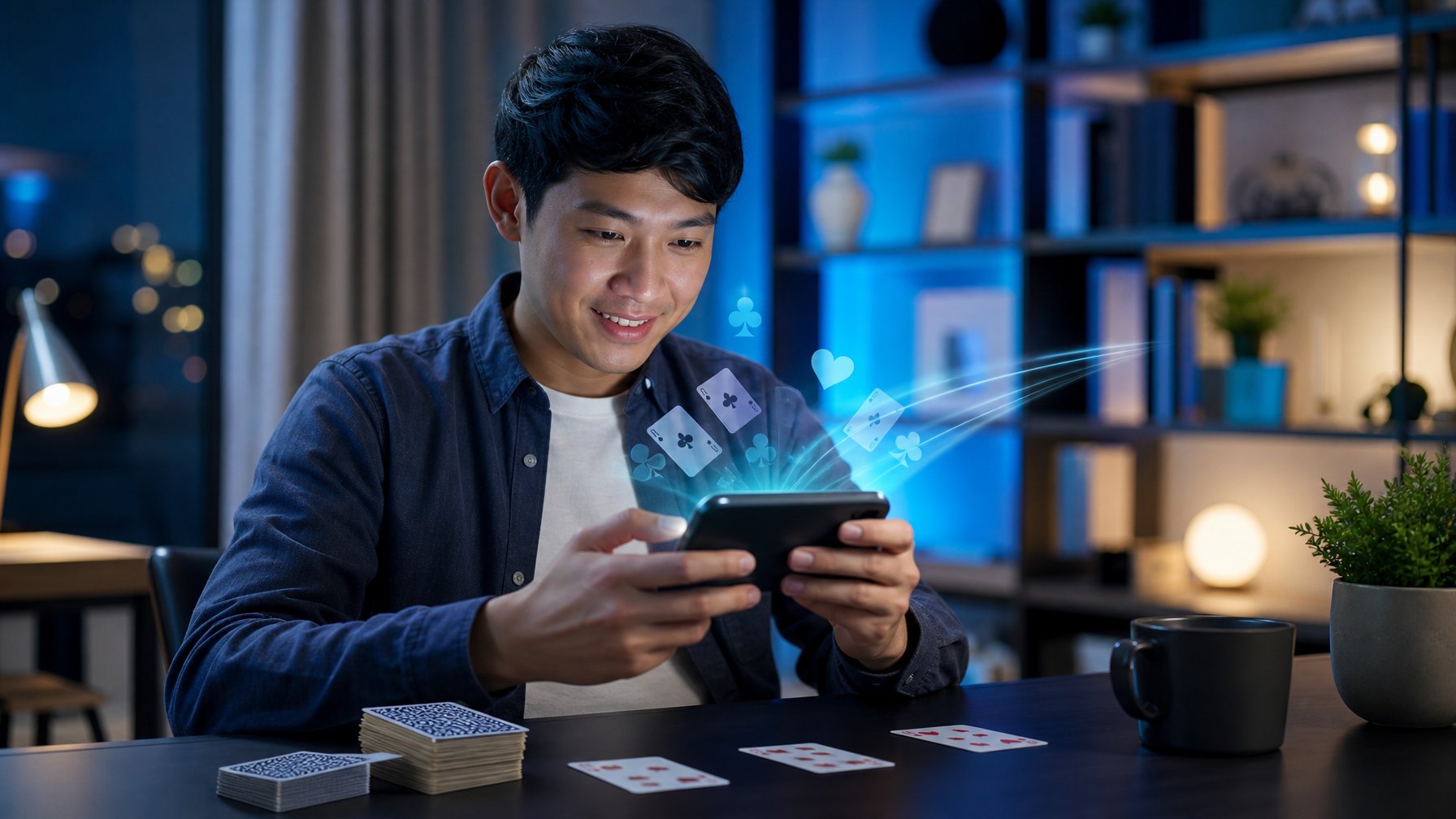 Seseorang menggunakan ponsel untuk bermain permainan kartu digital di meja modern.