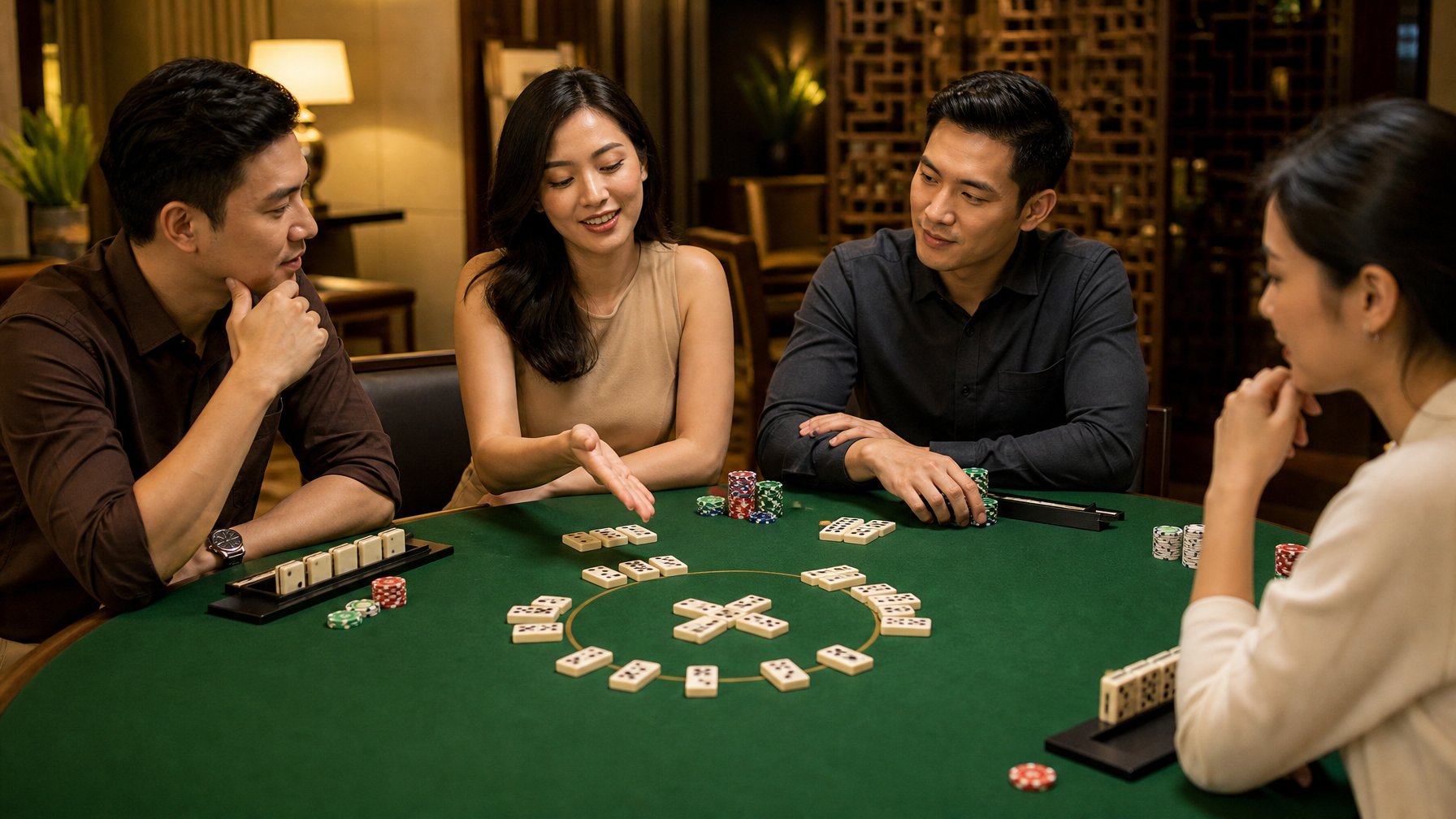 Orang dewasa mempelajari permainan domino di meja berlapis kain hijau dengan beberapa keping permainan dan tumpukan chip kecil.