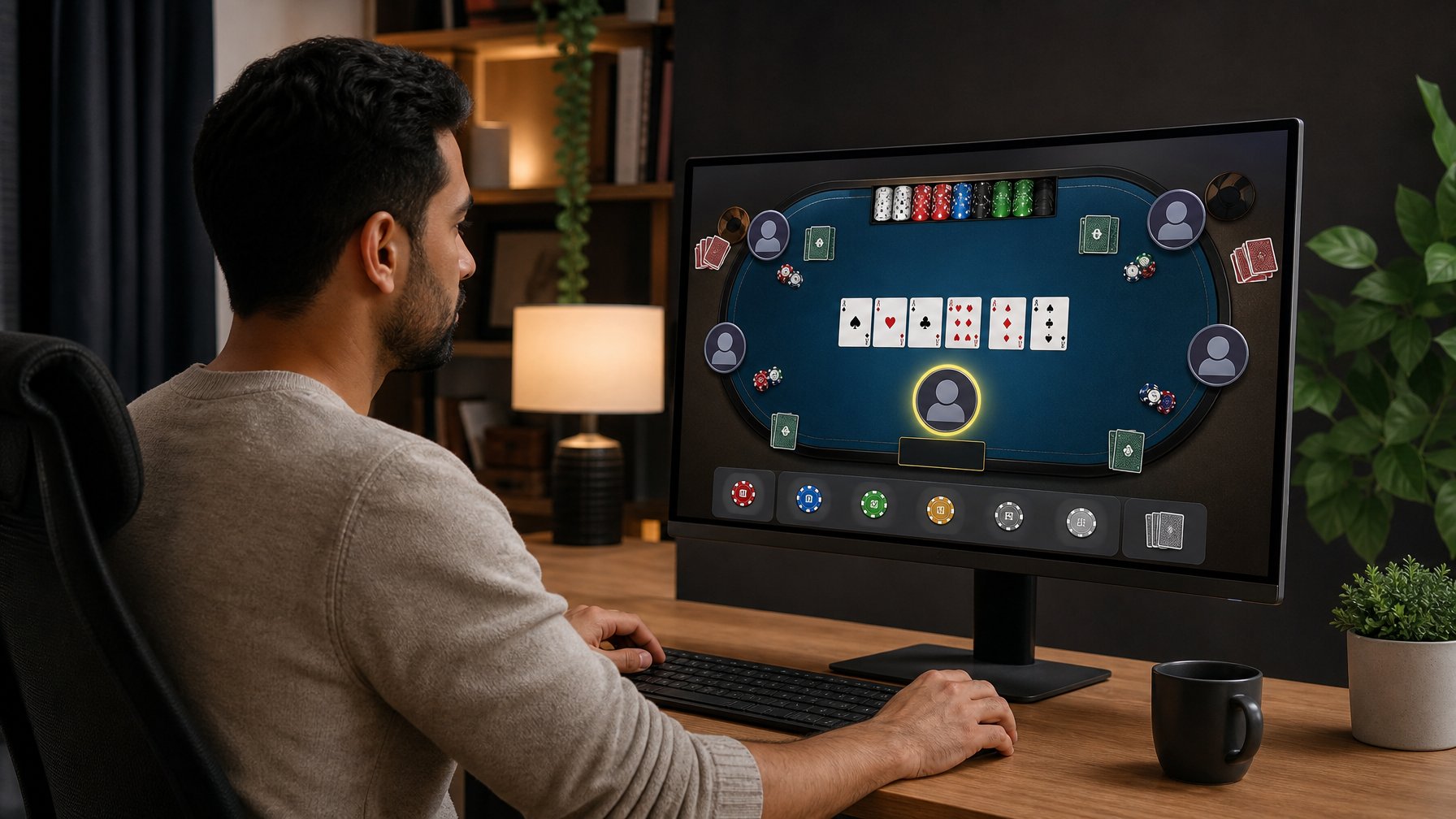 Seorang pemain mengelola permainan kartu virtual dari meja komputer dengan posisi bandar yang ditonjolkan.