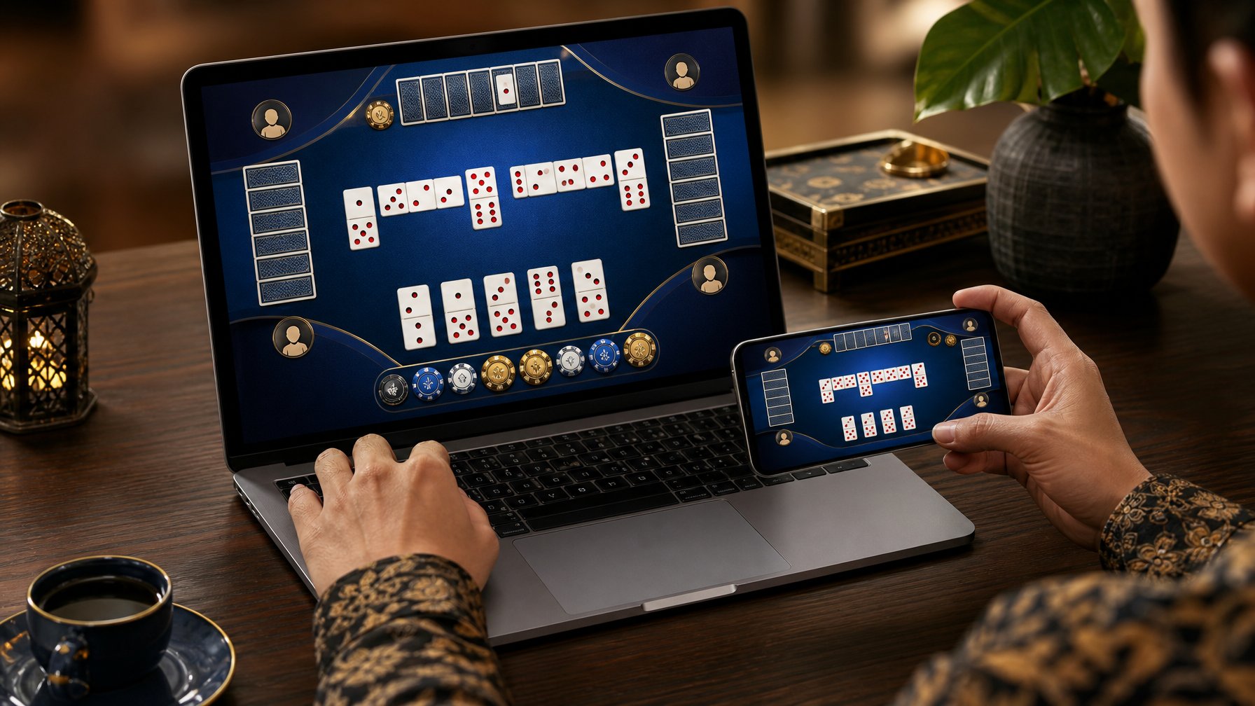 Tangan seseorang memainkan permainan kartu digital di laptop dan ponsel di atas meja kayu.