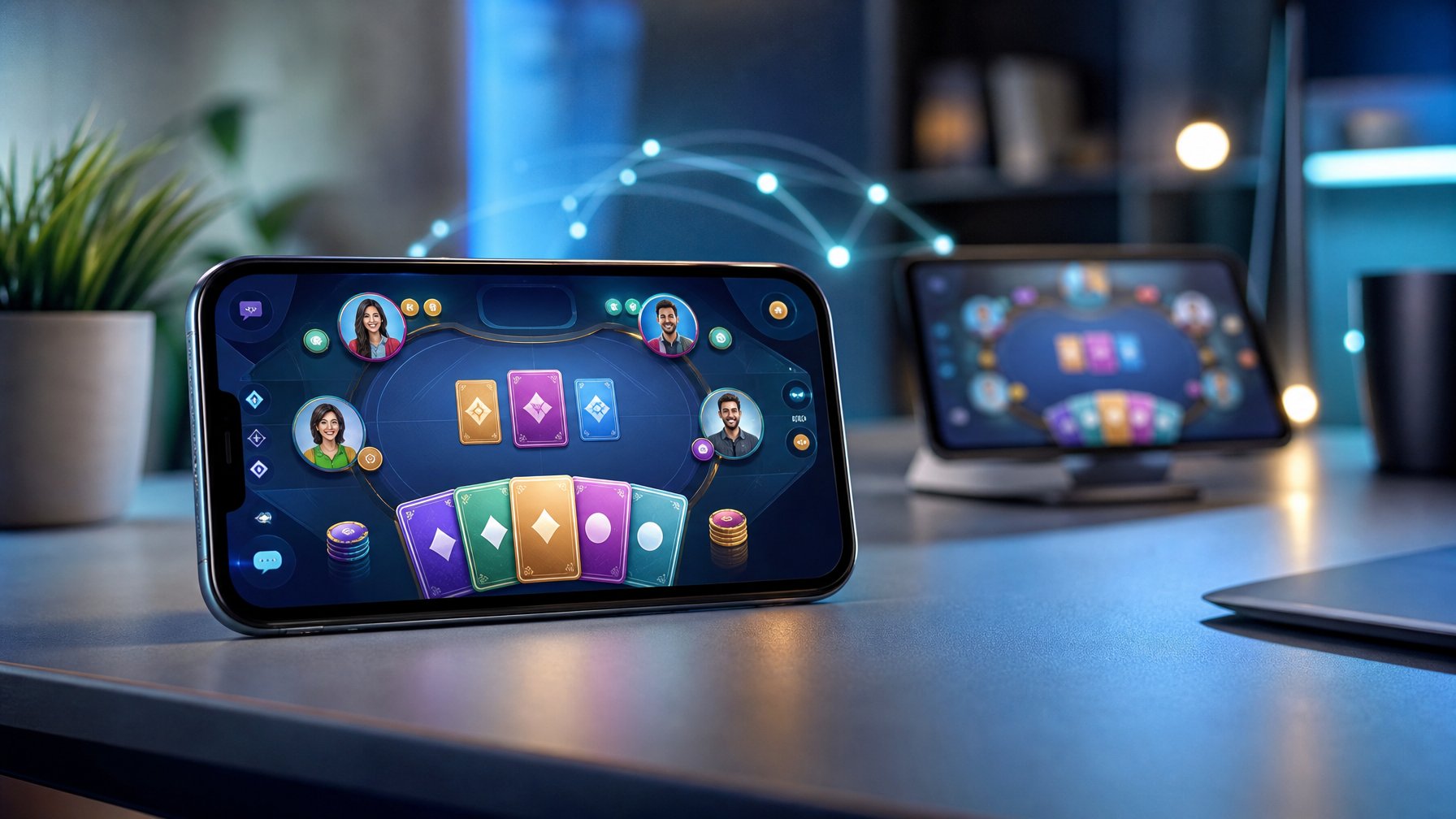 Smartphone menampilkan antarmuka permainan kartu digital dengan perangkat lain di latar belakang.