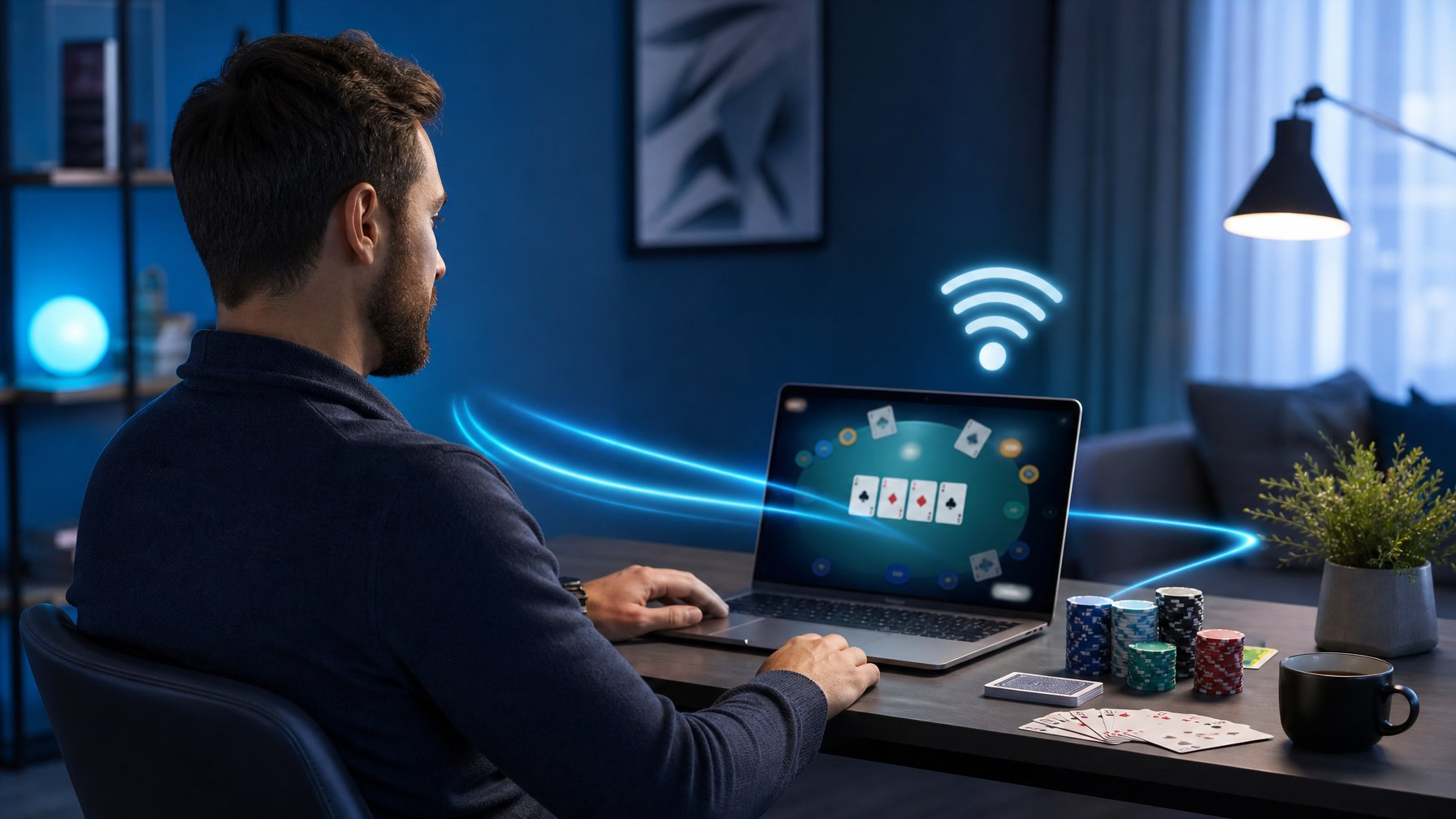 Orang dewasa memainkan permainan kartu digital di meja kerja modern dengan laptop dan kartu di atas meja.