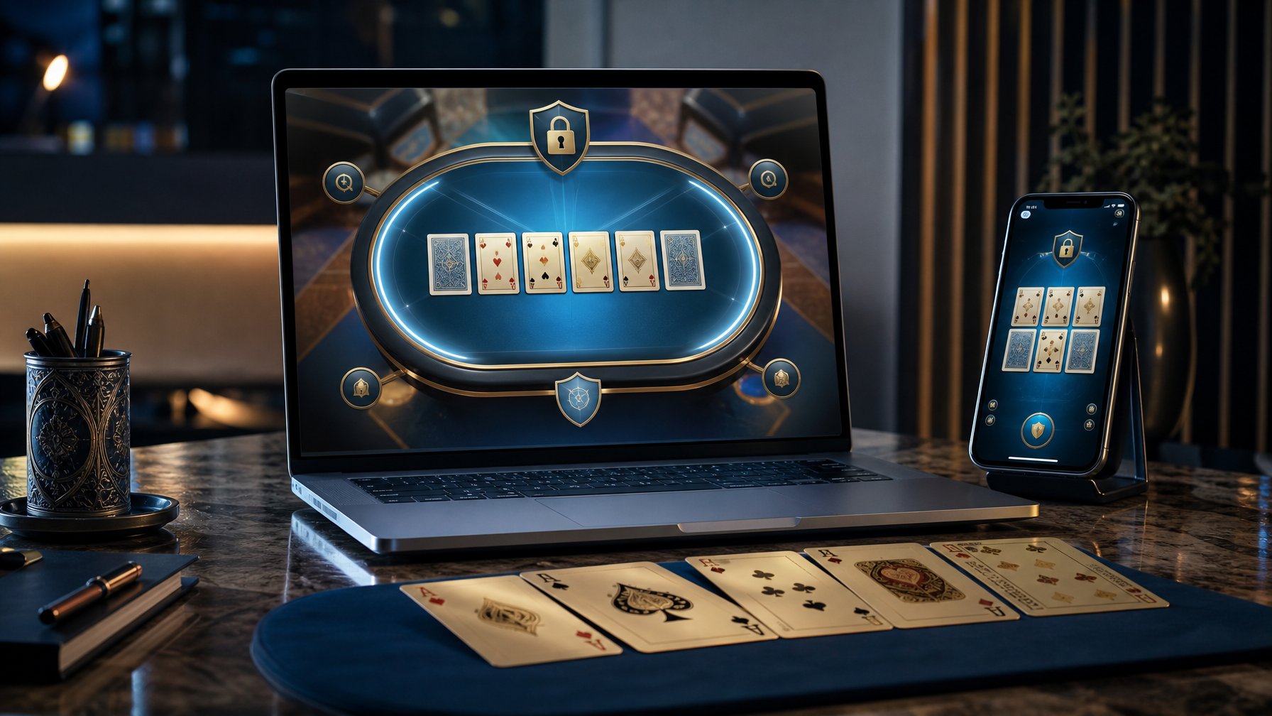 Laptop dan ponsel menampilkan permainan kartu digital dengan simbol perisai dan gembok di atas meja modern.
