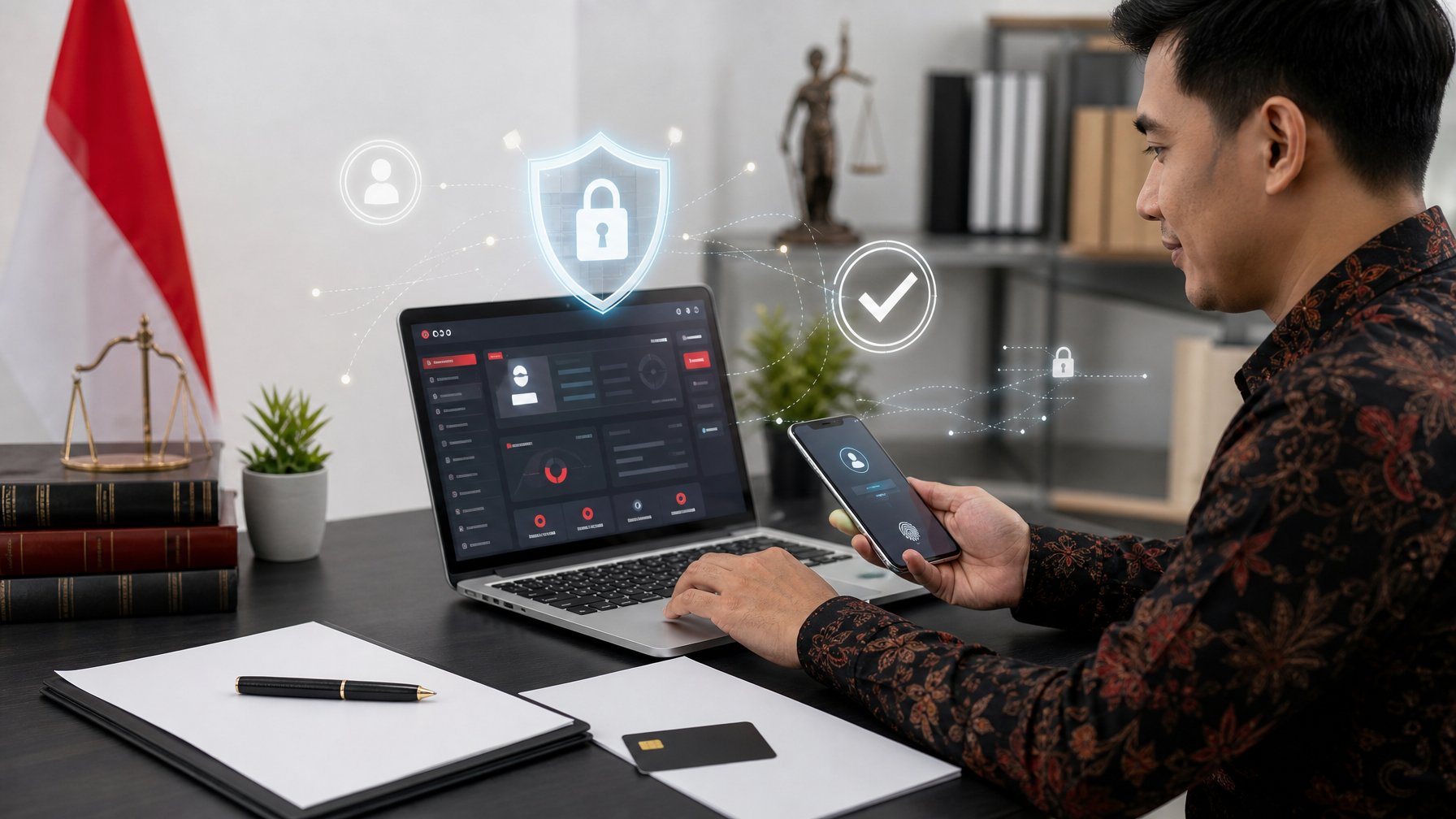Pengguna Indonesia memeriksa platform digital aman dengan simbol perisai dan gembok di meja kerja.