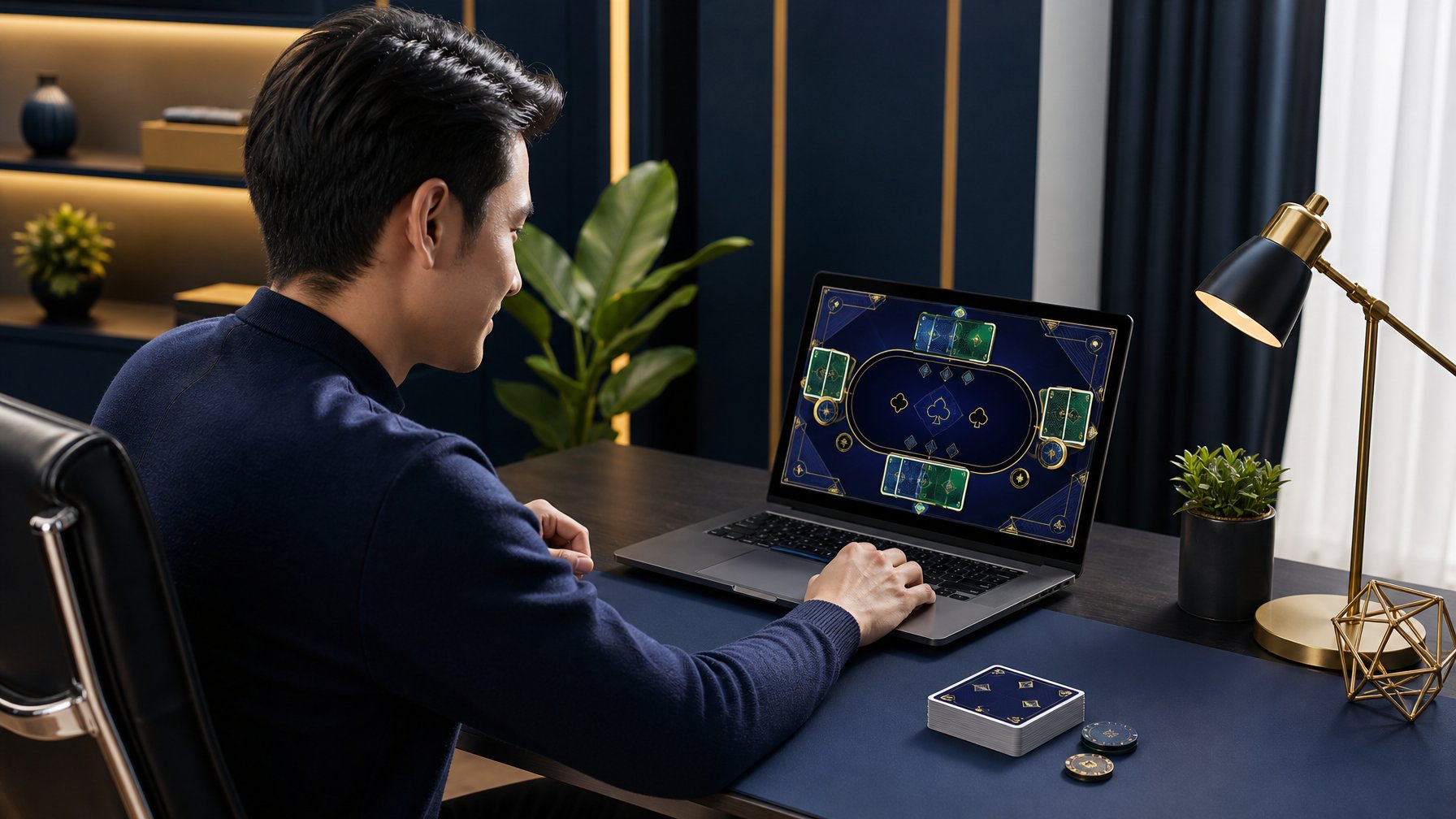Seorang dewasa menggunakan laptop dengan tampilan permainan kartu abstrak di meja modern.