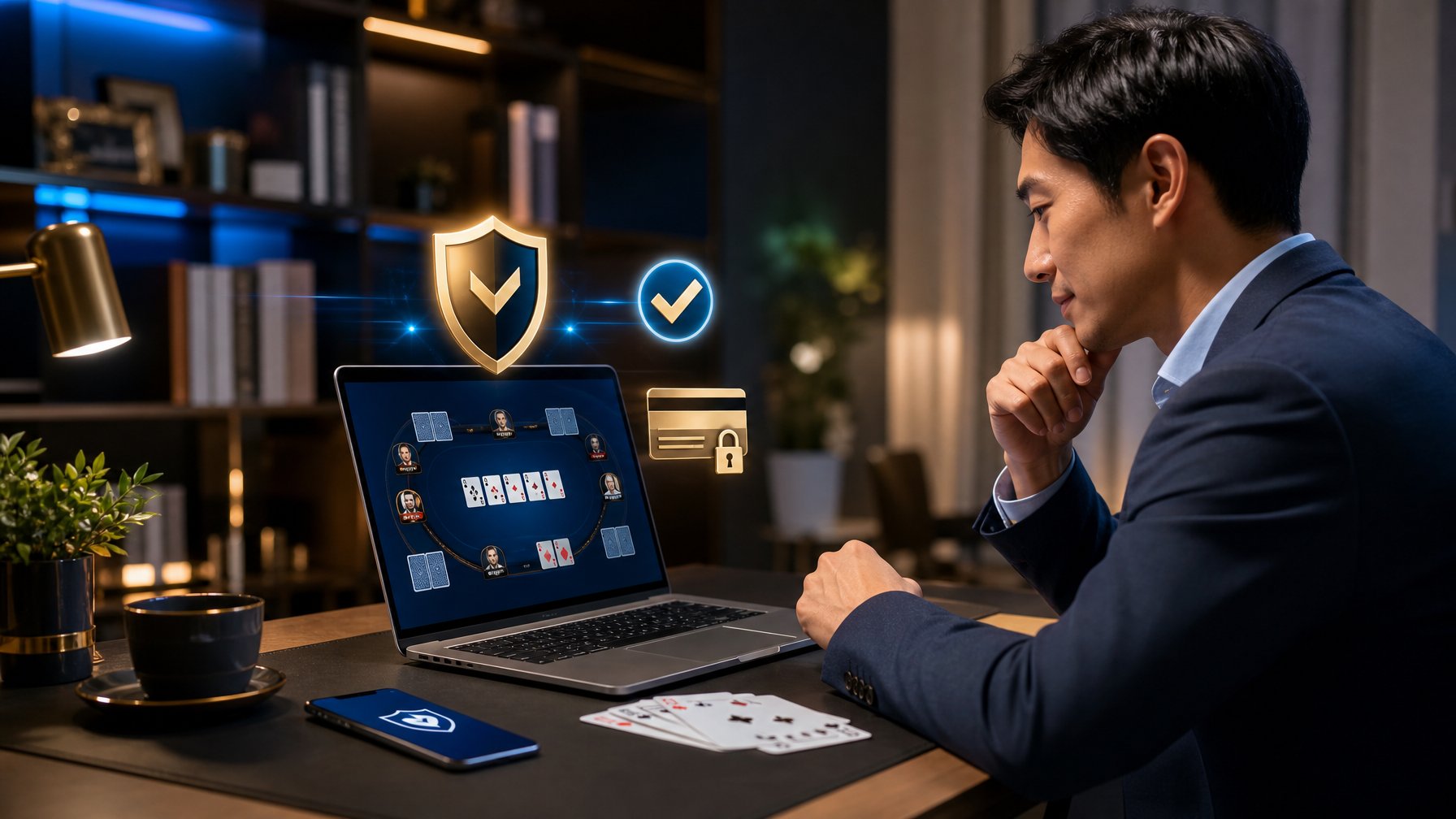 Orang dewasa memeriksa platform permainan kartu daring pada laptop dengan simbol keamanan di meja.