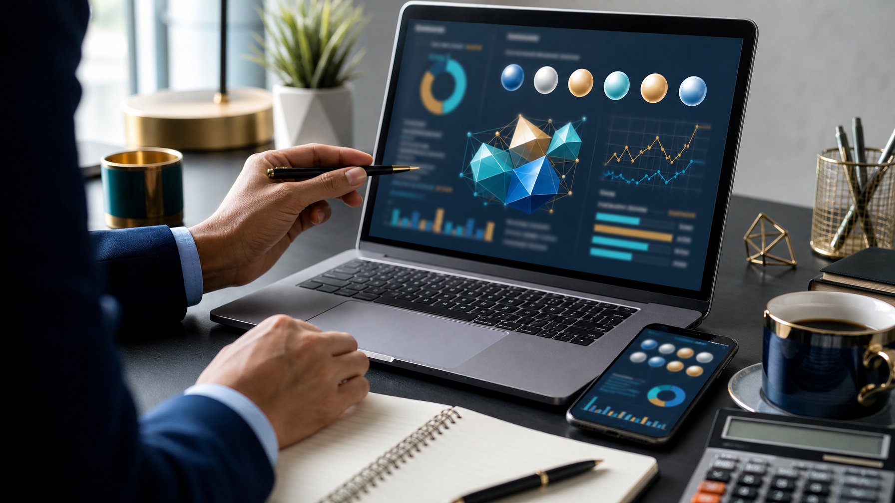 Meja kerja modern dengan laptop berisi grafik analisis abstrak, bola bernomor, kalkulator, dan buku catatan kosong.