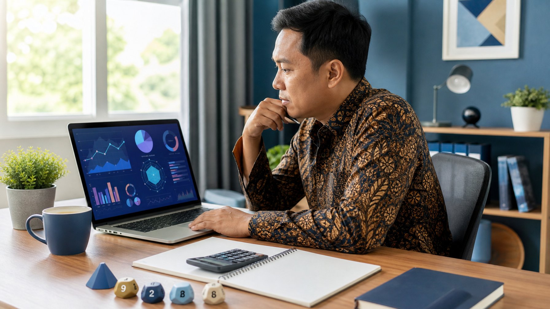 Orang dewasa memeriksa pola angka dan grafik di laptop pada meja kerja yang rapi.