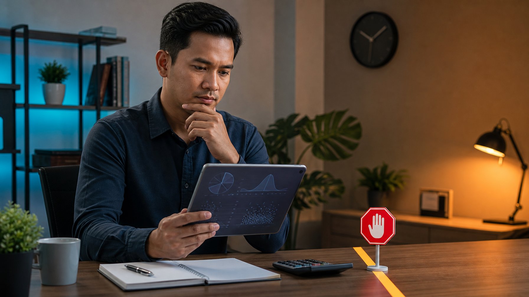 Seorang profesional meninjau data abstrak di tablet dengan kalkulator dan penanda batas risiko di meja kerja.