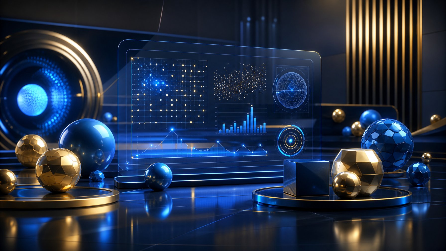 Tampilan futuristik dengan bola dan kubus geometris bercahaya di sekitar antarmuka digital abstrak.