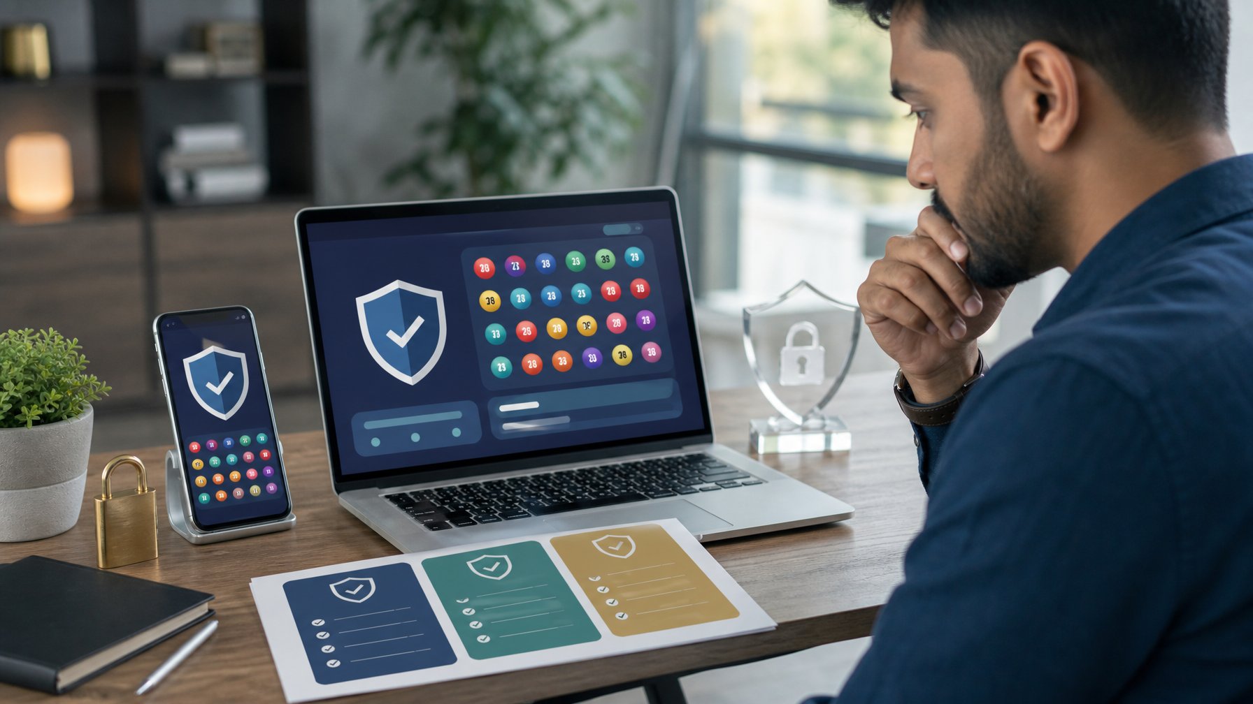 Seorang profesional meninjau platform permainan digital yang aman menggunakan laptop dan ponsel dengan simbol perlindungan data.