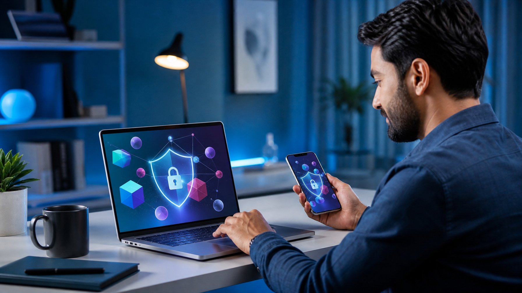 Seseorang menggunakan laptop dan ponsel dengan simbol keamanan digital di meja kerja modern.