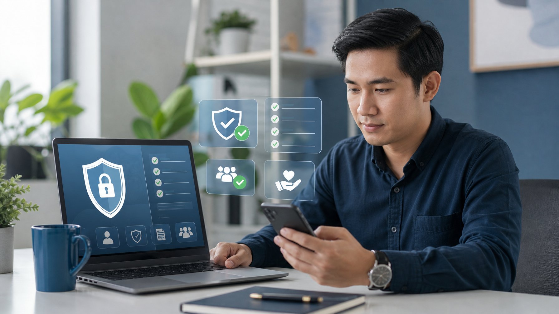 Seorang pengguna meninjau platform digital dengan simbol keamanan di meja kerja modern.