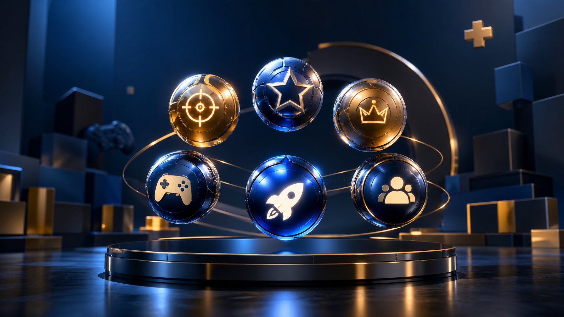 Enam bola metalik mengilap tersusun di atas platform bundar dalam suasana futuristis berwarna biru dan emas.