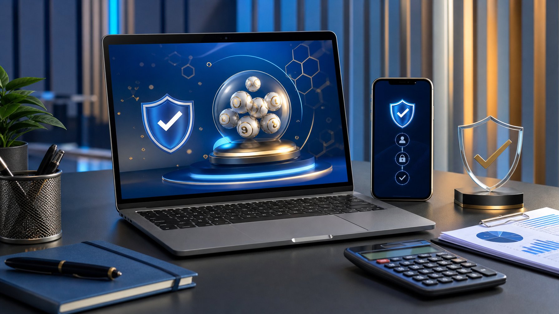 Laptop dan ponsel menampilkan antarmuka digital abstrak dengan simbol keamanan di meja kerja modern.