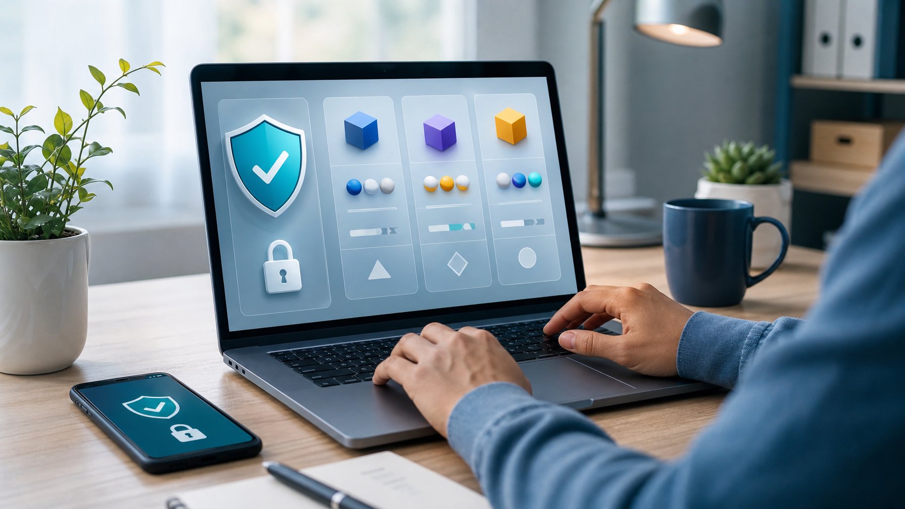 Seseorang memeriksa layanan lotere daring yang aman melalui laptop di ruang kerja modern.