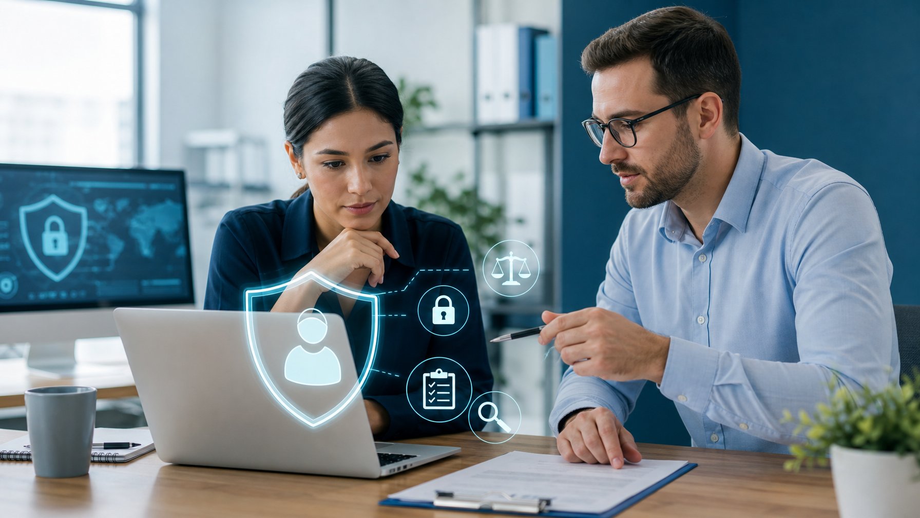 Pengguna memeriksa platform daring dengan pendampingan profesional, dikelilingi simbol perlindungan data dan kepatuhan hukum.