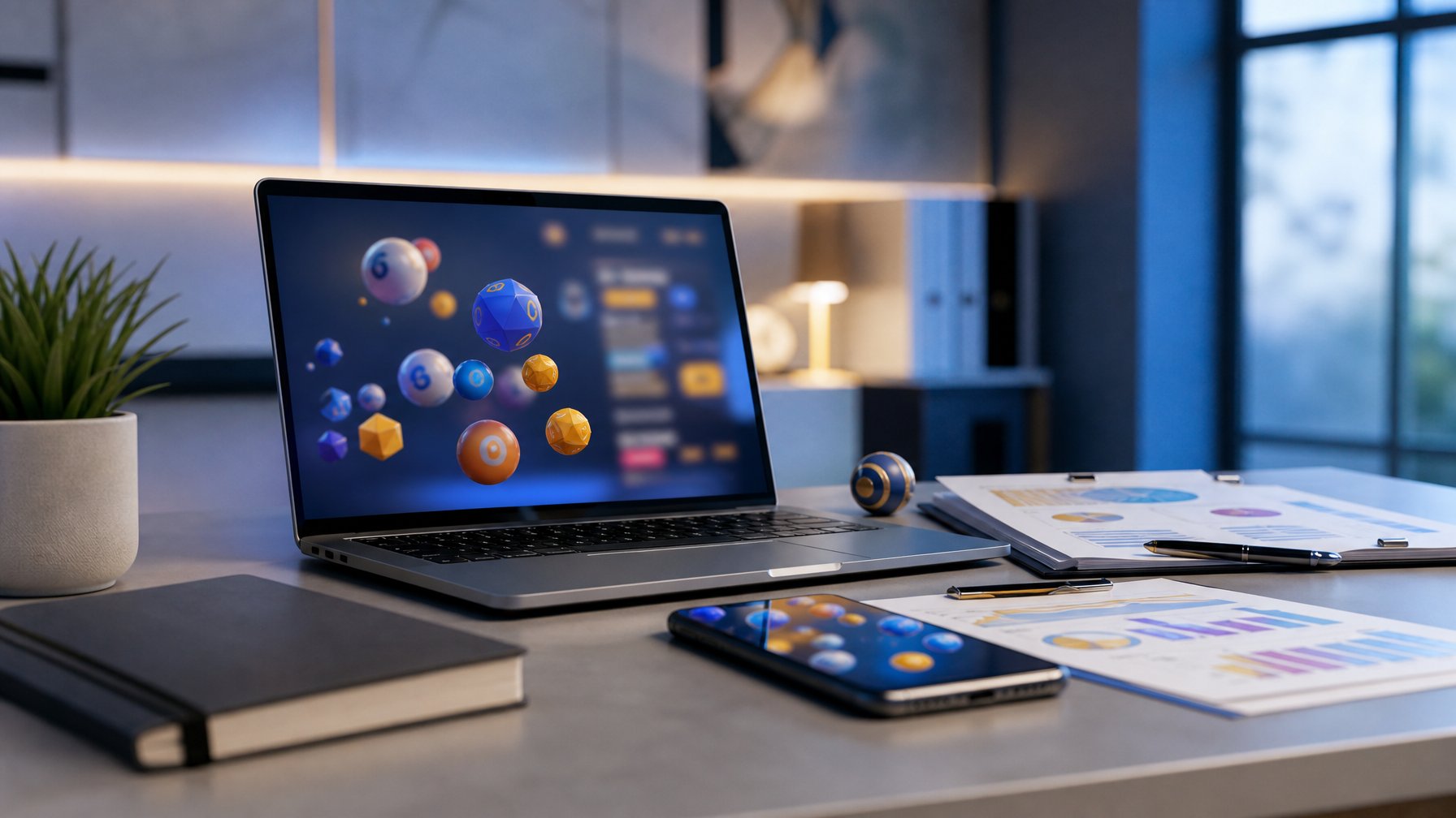 Laptop dan ponsel menampilkan antarmuka permainan digital abstrak di atas meja kerja modern.