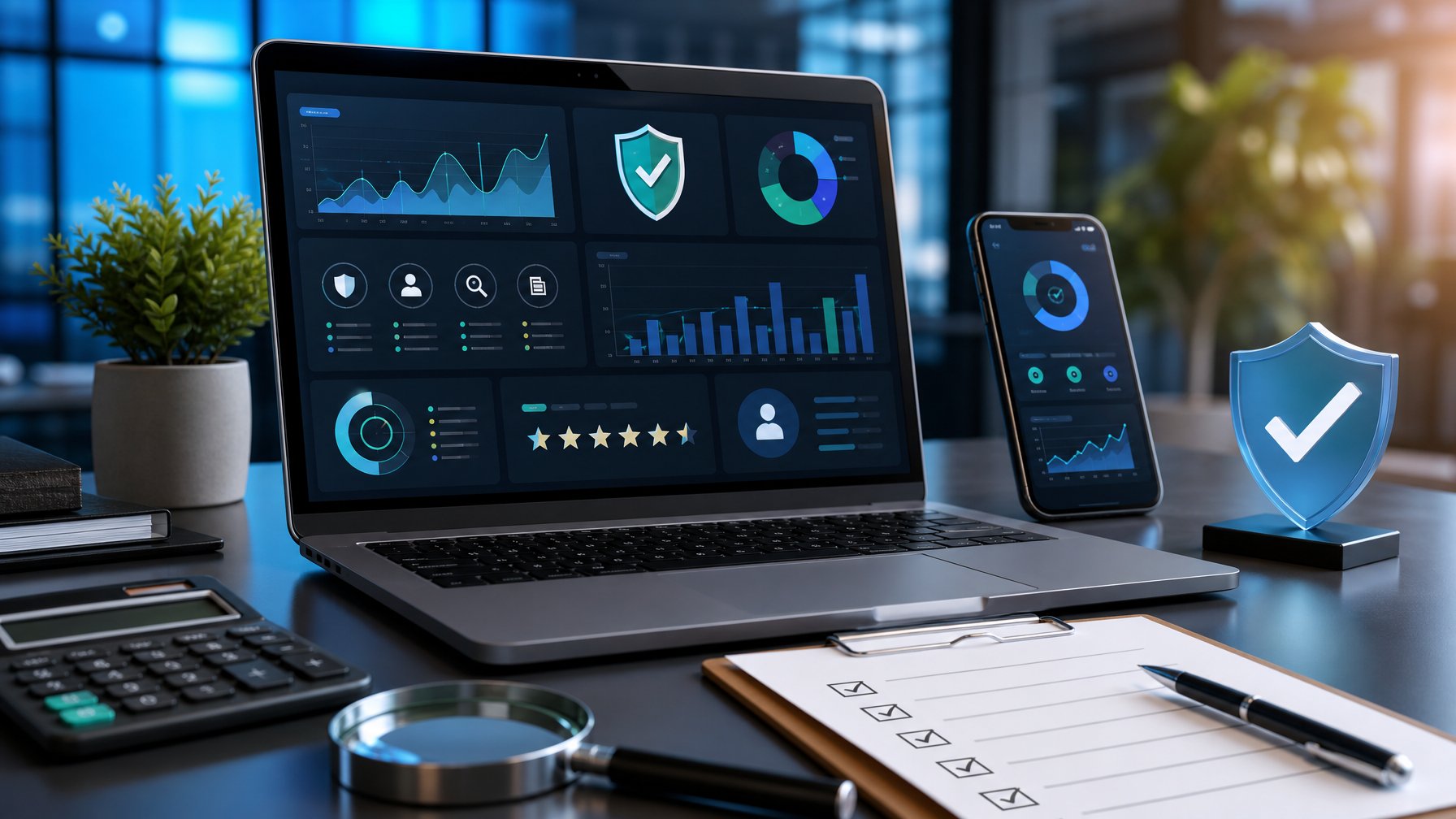 Meja kerja modern dengan laptop dan ponsel yang menampilkan grafik analitik serta simbol keamanan untuk menilai platform taruhan online.