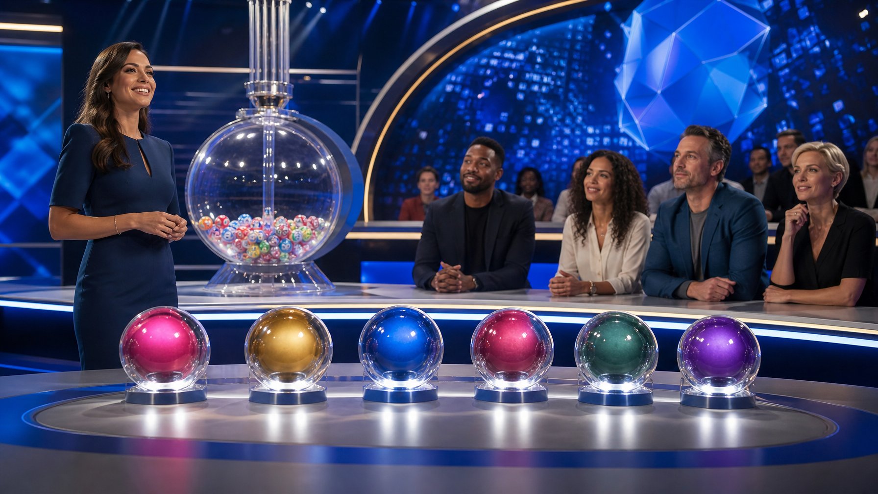 Studio modern dengan mesin undian bola berwarna, enam bola bercahaya, dan beberapa orang dewasa menyaksikan siaran langsung.