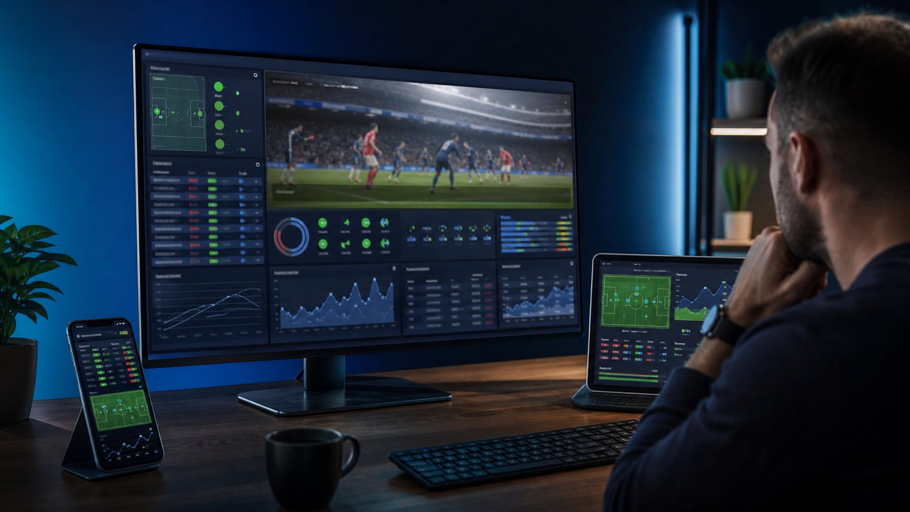 Meja kerja modern dengan layar yang menampilkan analisis pertandingan sepak bola dan grafik olahraga abstrak.