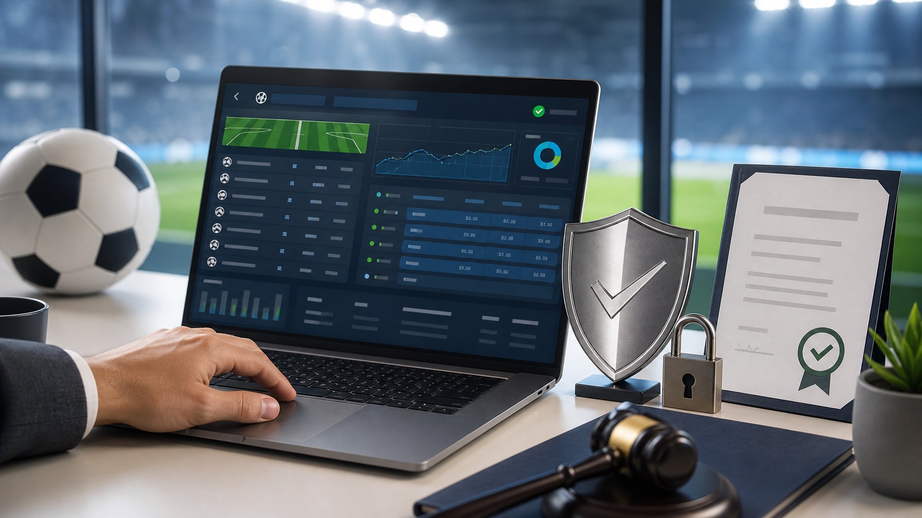 Laptop dengan dasbor pertandingan sepak bola, perisai keamanan, sertifikat, dan gembok di meja kerja modern.