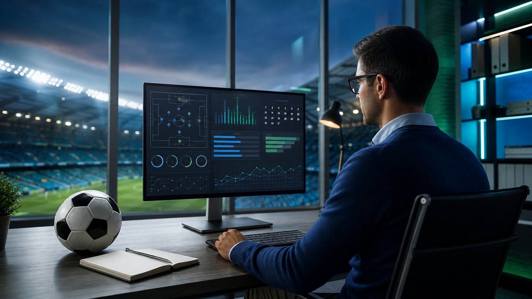 Analis profesional mengamati analisis pertandingan sepak bola di ruang kerja modern dengan stadion terlihat di luar jendela.