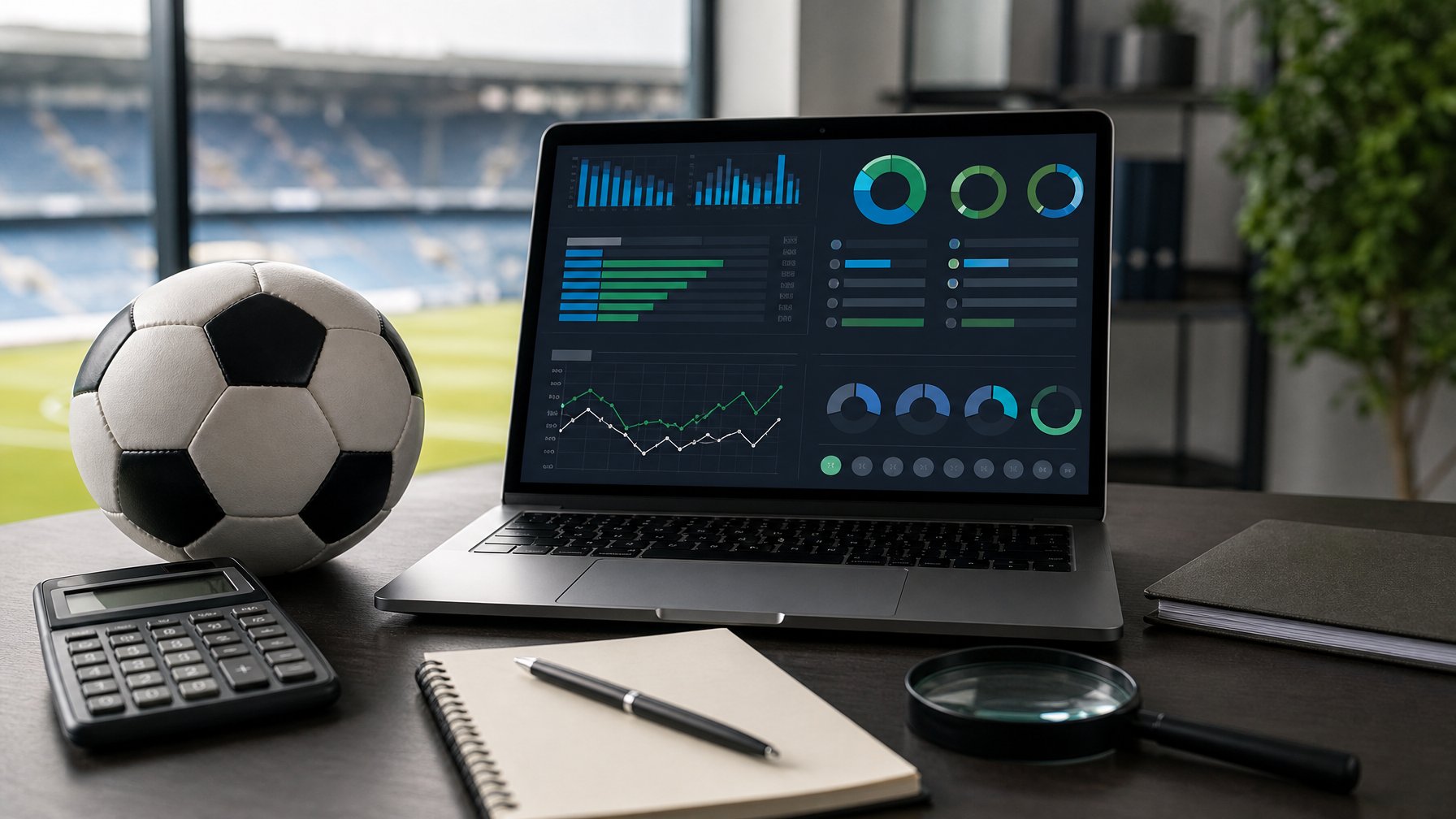 Meja kerja dengan laptop berisi grafik analisis sepak bola, bola, buku catatan, dan latar stadion yang samar.