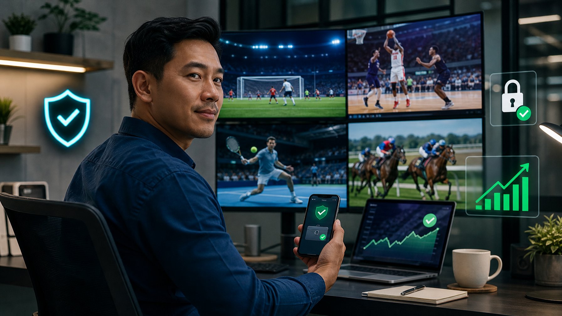 Orang dewasa meninjau analisis beberapa pertandingan olahraga di ruang kerja modern dengan simbol keamanan digital.