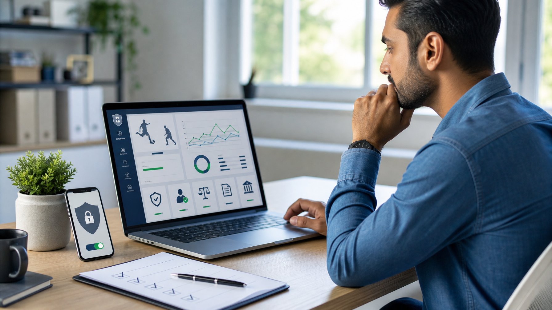 Seorang analis memeriksa keamanan dan keandalan platform taruhan olahraga melalui laptop dan ponsel di ruang kerja modern.