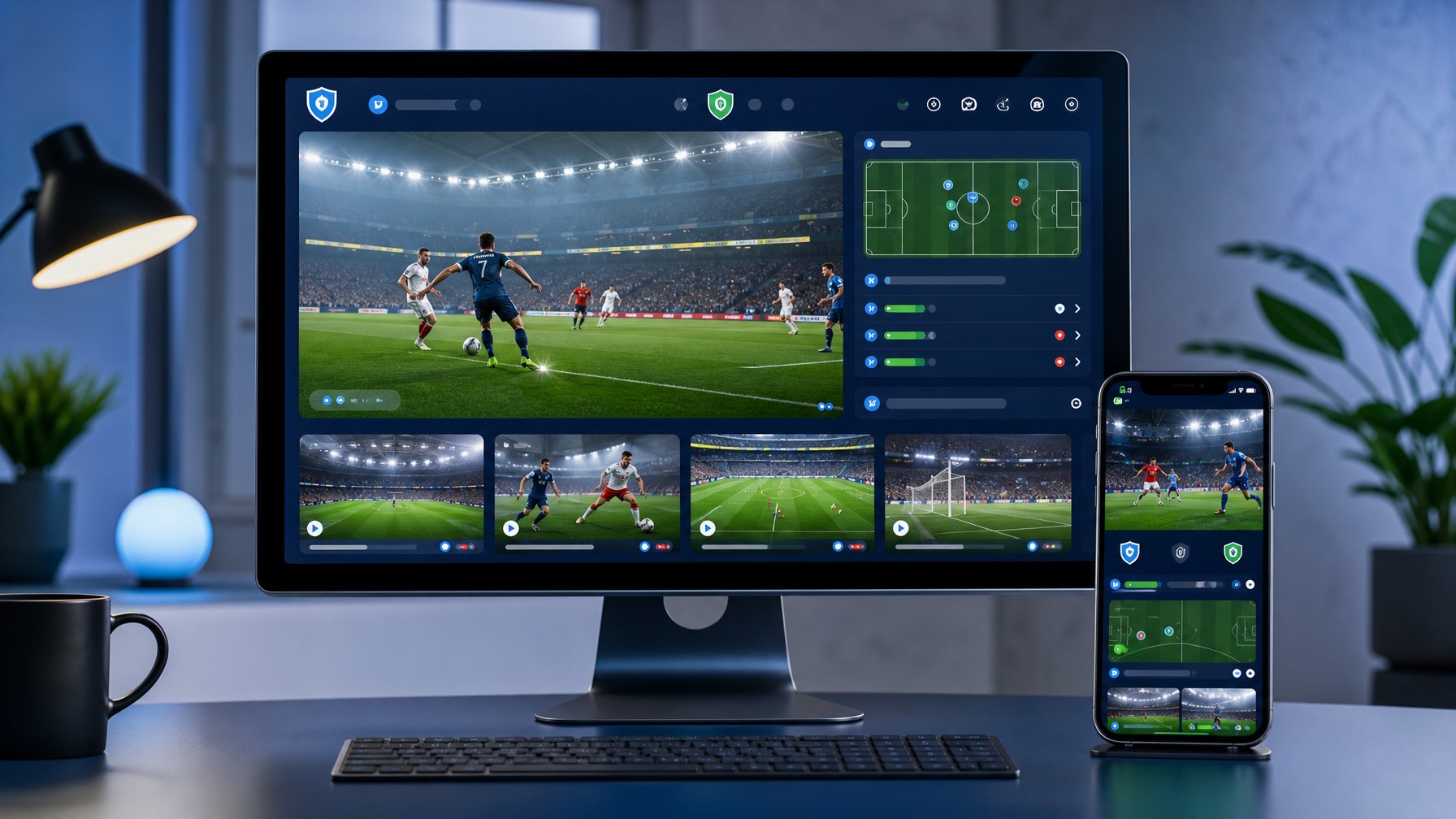 Perangkat digital menampilkan siaran langsung pertandingan sepak bola dengan suasana stadion.