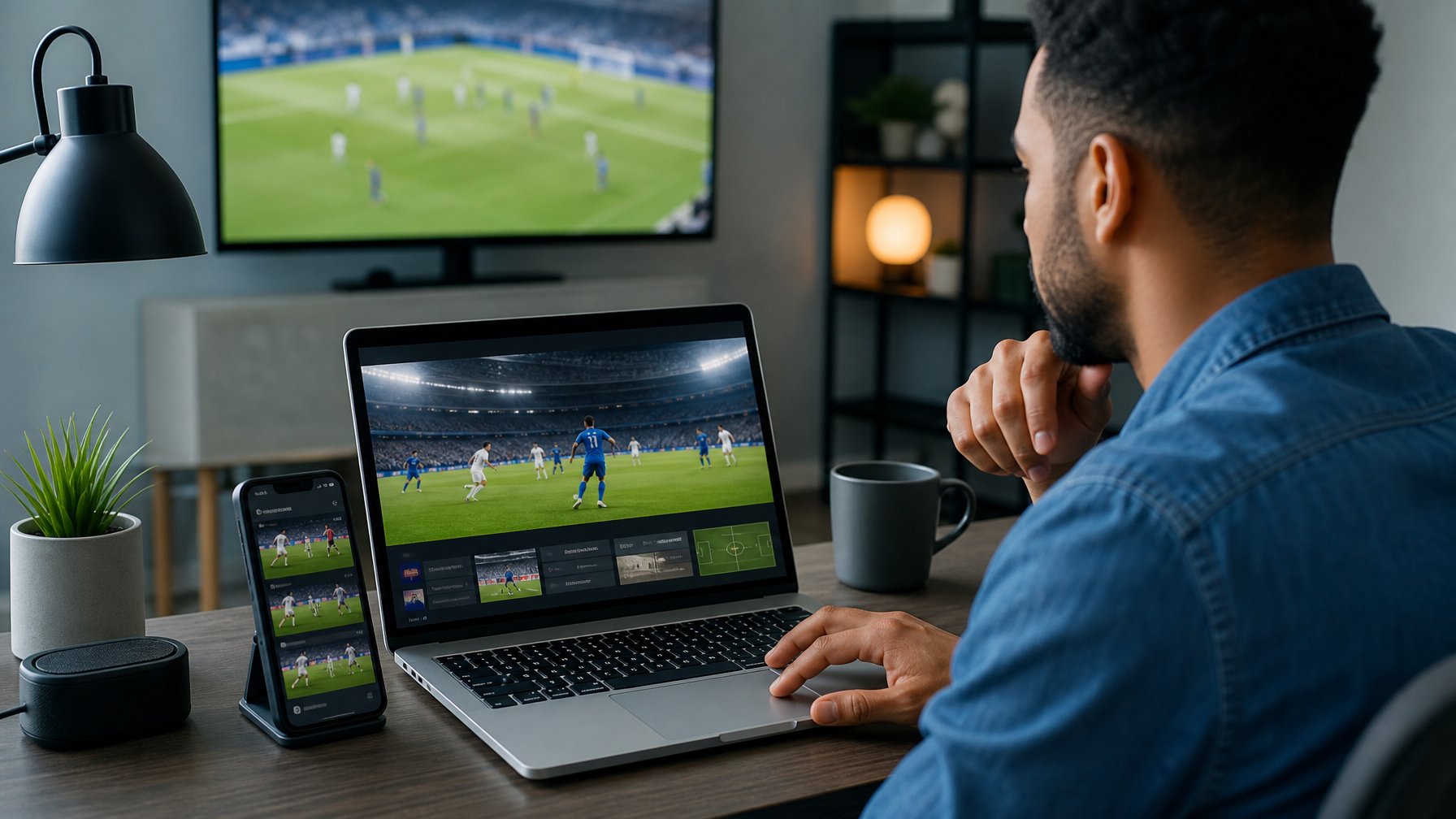 Seseorang melihat siaran pertandingan sepak bola di laptop dengan simbol keamanan dan legalitas di ruang kerja modern.