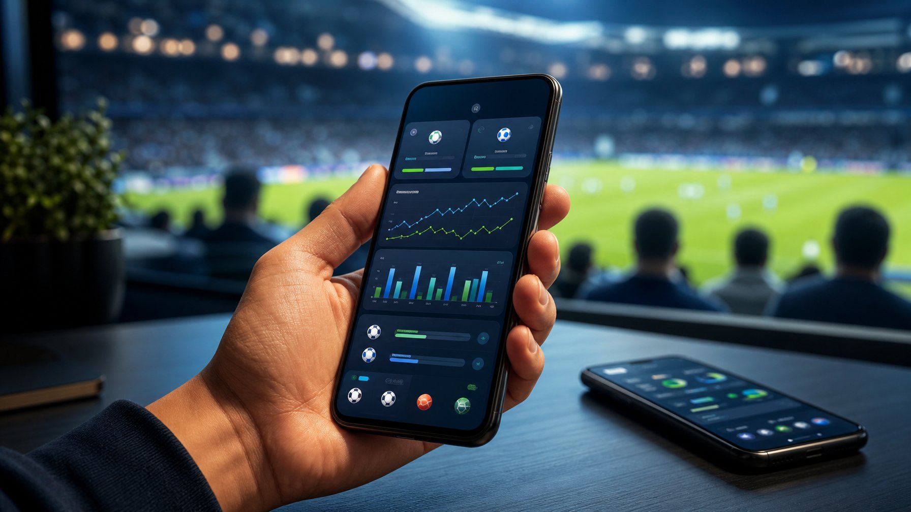 Seseorang memegang ponsel yang menampilkan antarmuka statistik olahraga di depan suasana stadion.