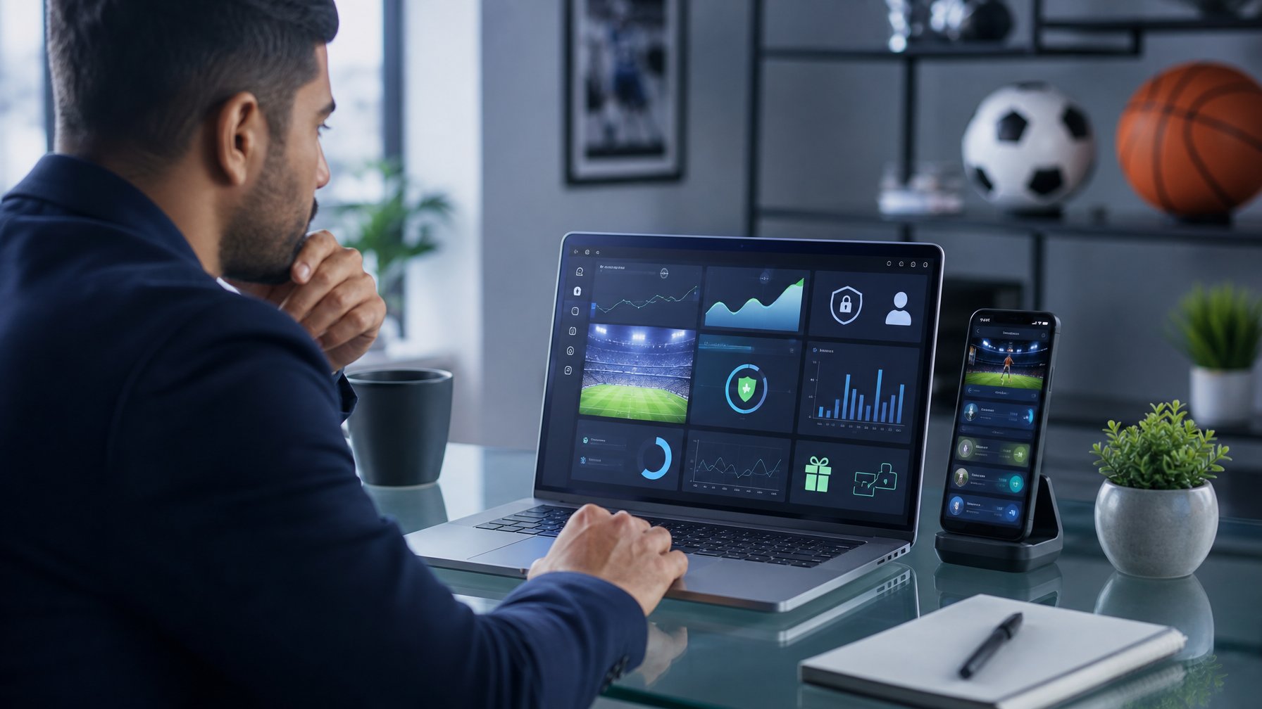 Seorang analis olahraga meninjau platform taruhan digital melalui laptop dan ponsel di ruang kerja modern.