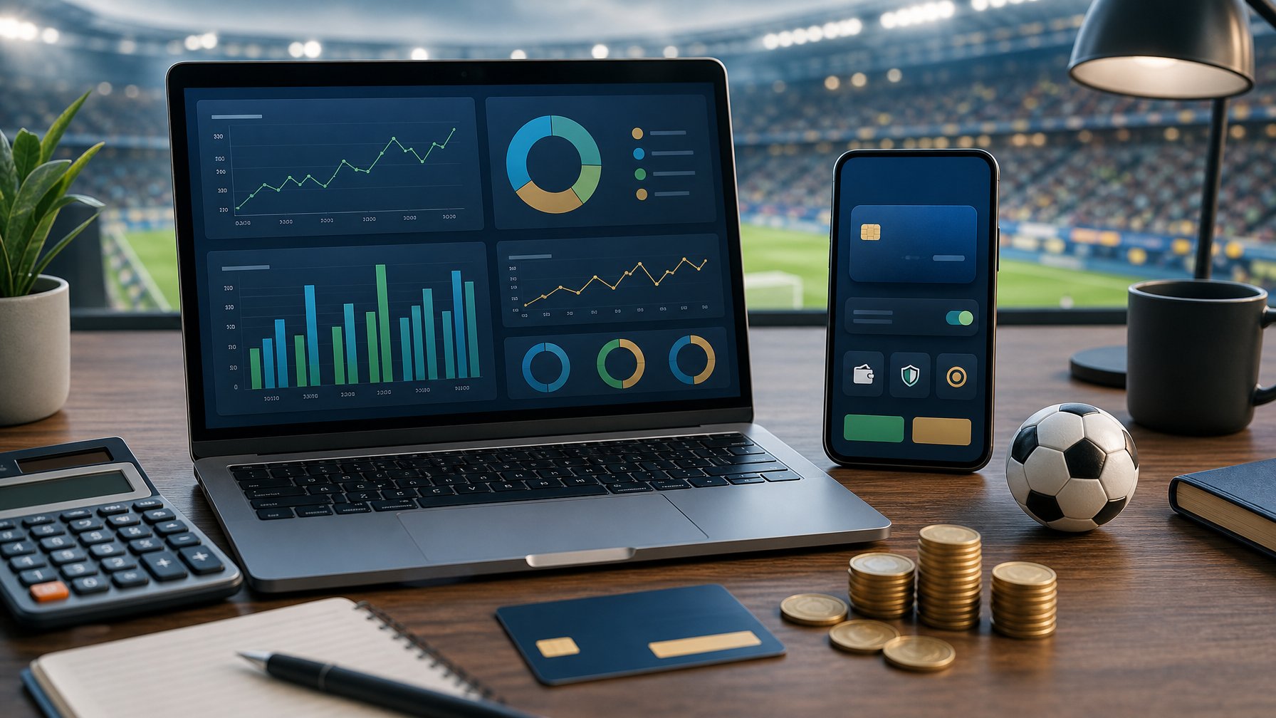 Meja kerja modern dengan laptop analisis olahraga, ponsel, kalkulator, kartu bank, koin, dan bola sepak kecil.