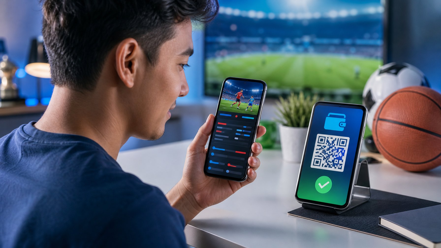 Orang dewasa menggunakan ponsel untuk pembayaran digital dengan latar suasana olahraga yang modern.