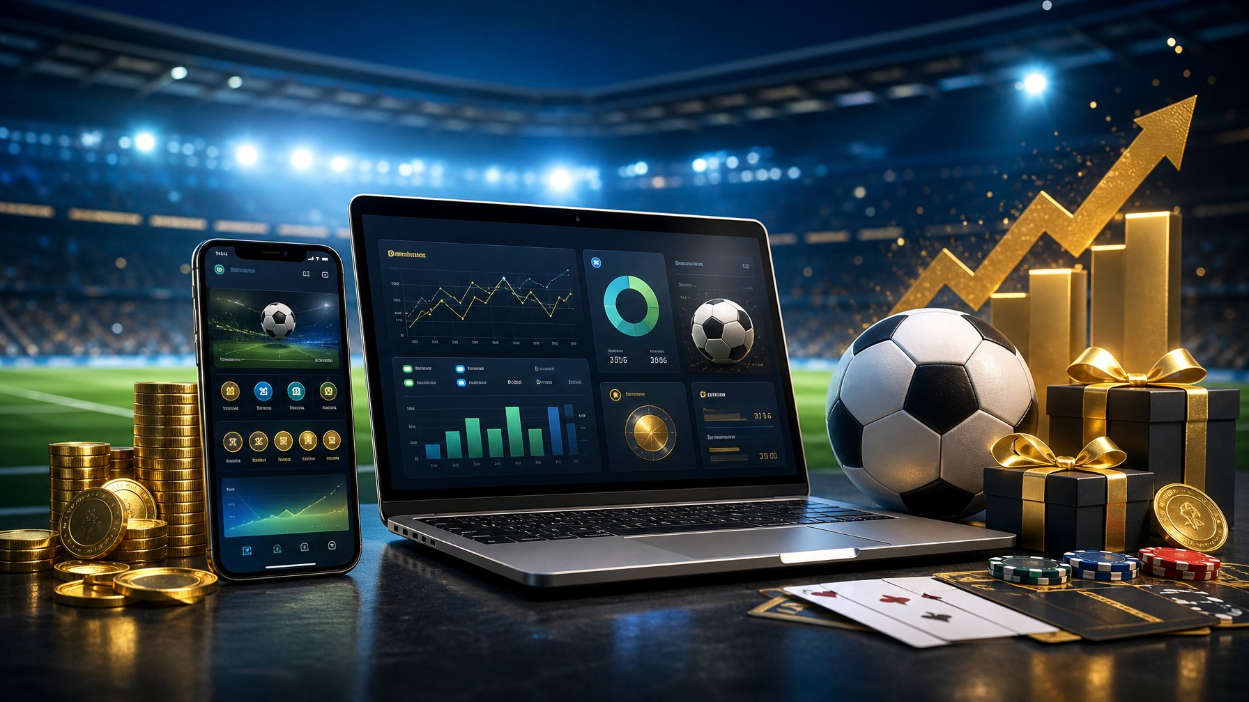 Perangkat digital menampilkan antarmuka olahraga dan kasino abstrak dengan bola sepak, koin emas, dan latar stadion bercahaya.