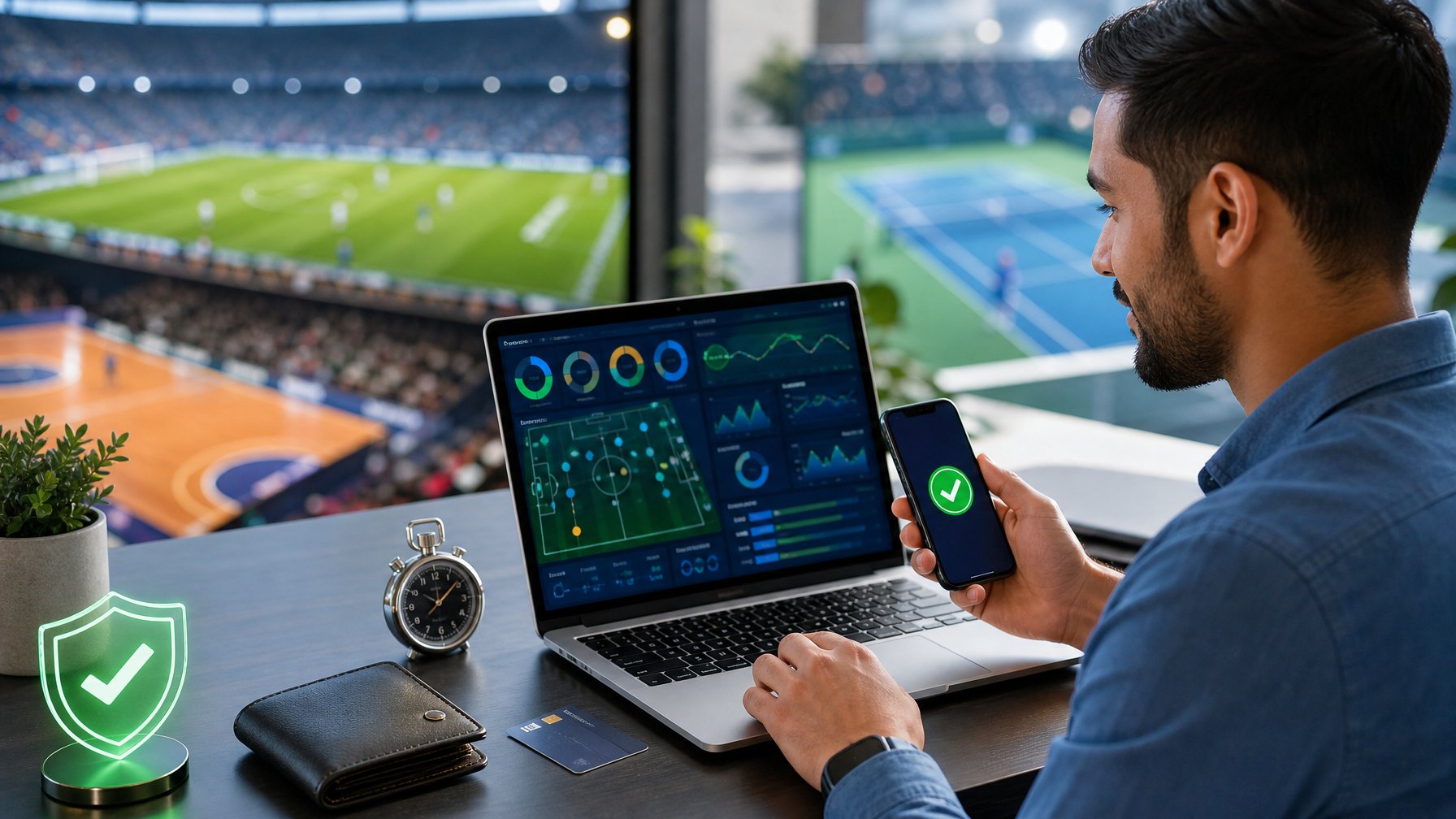 Orang dewasa meninjau platform olahraga digital dengan simbol keamanan dan pembayaran cepat di ruang kerja modern.