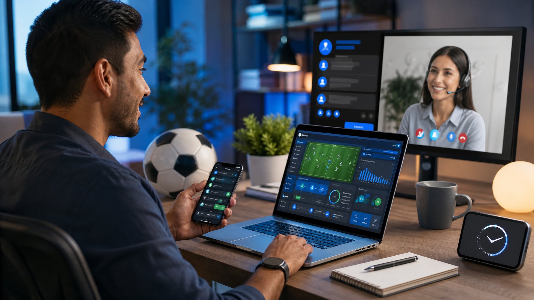 Seseorang menggunakan laptop dan ponsel untuk melihat informasi pertandingan sepak bola sambil terhubung dengan layanan bantuan daring.