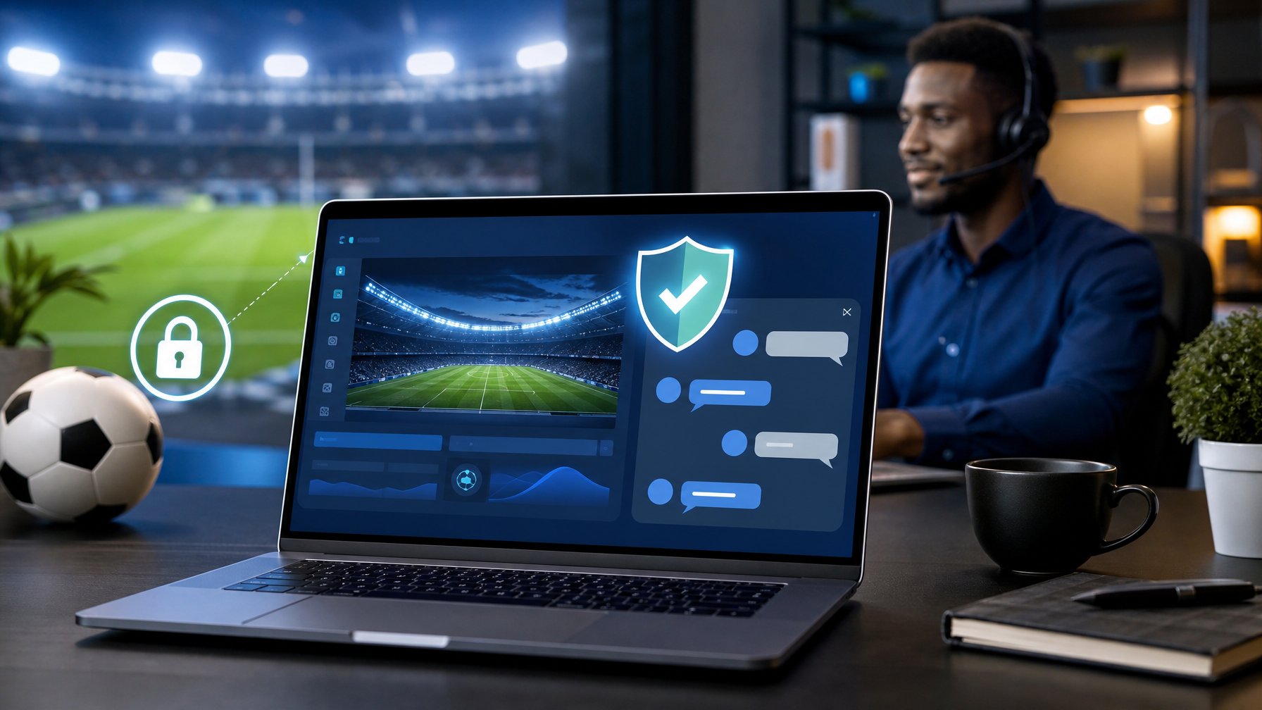 Laptop dengan tampilan layanan sepak bola daring yang aman, ikon gembok dan perisai, serta petugas dukungan pelanggan memakai headset di latar belakang.