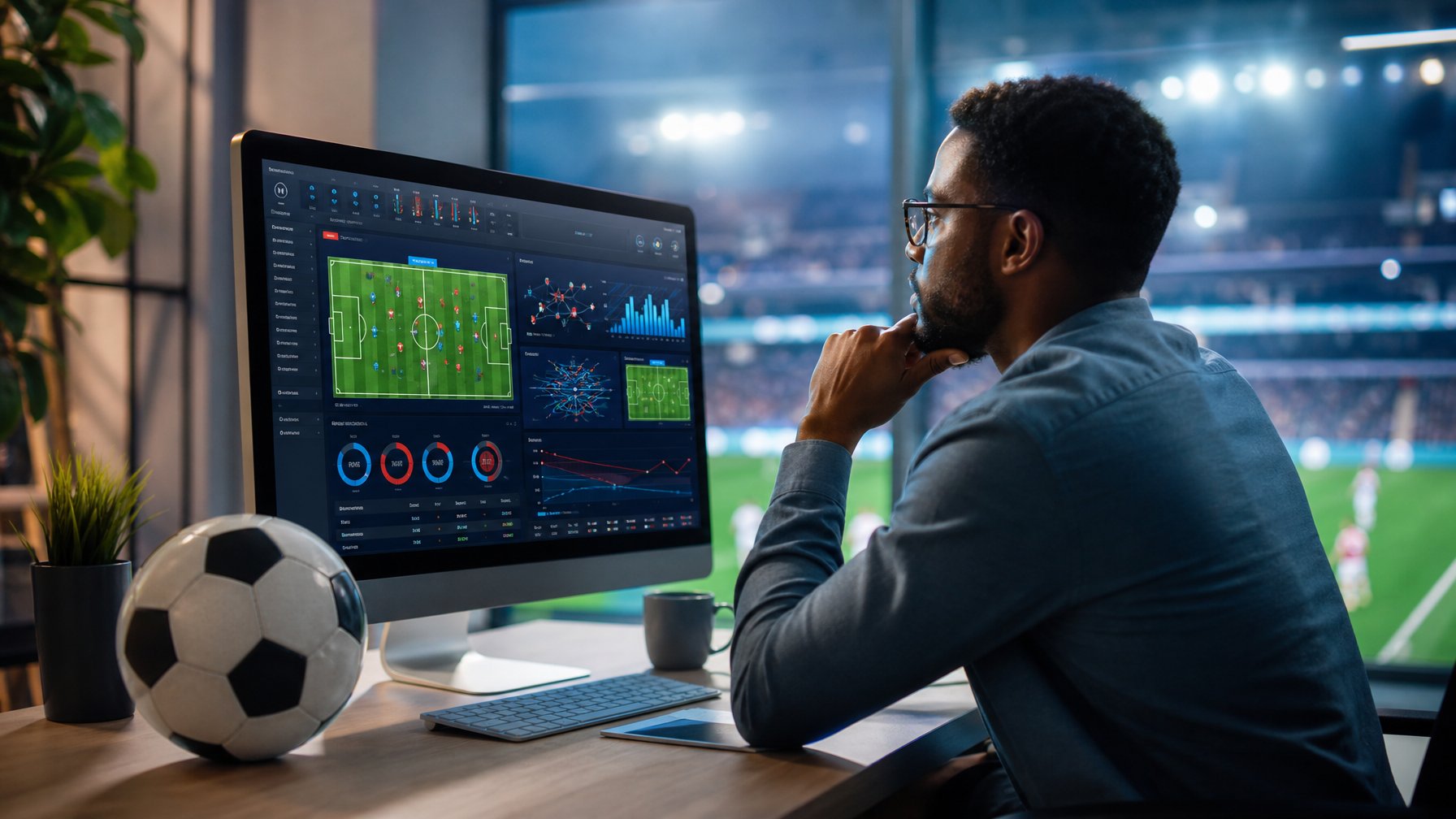 Analis olahraga menggunakan komputer dengan tampilan analisis pertandingan sepak bola di ruang kerja modern.
