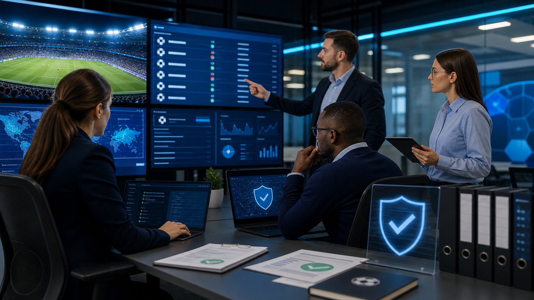 Tim profesional memeriksa keamanan dan kepatuhan platform sepak bola di ruang kantor modern.